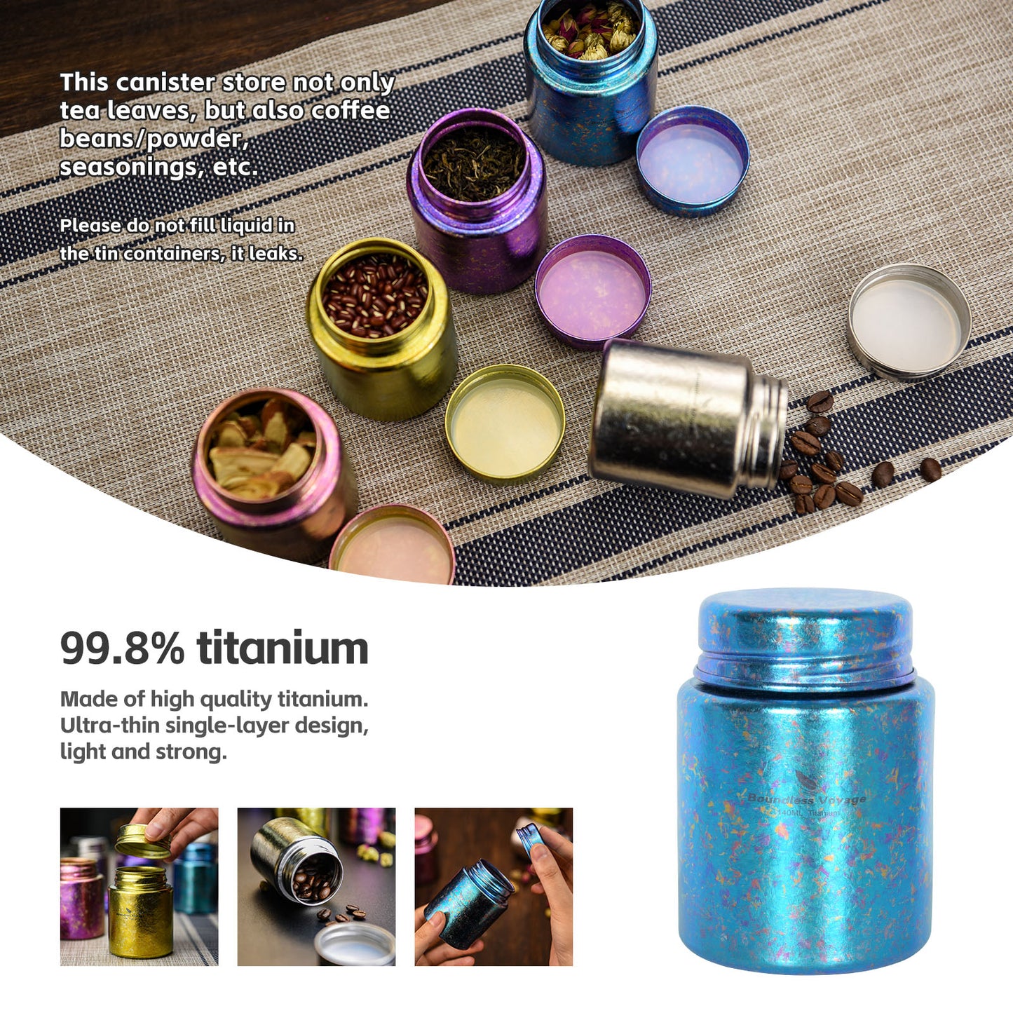 Boundless Voage Titanium Tea Canister Mini Tea Canister Ultralight Portable Tin Can Tea Coffee Spice Canister Colored Ice Flower Craft Tin Storage Container