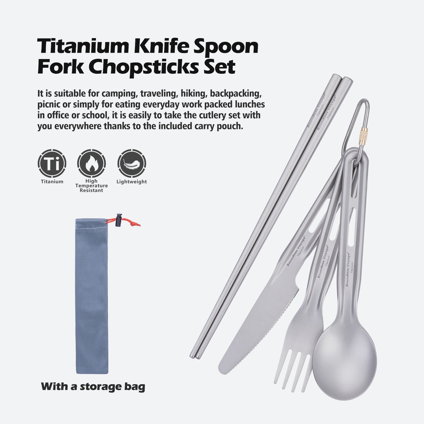 Boundless Voyage Titanium Knife Spoon Fork Chopsticks Set Outdoor Camping Ultralight Cutlery for Soup Meal Portable Tableware
