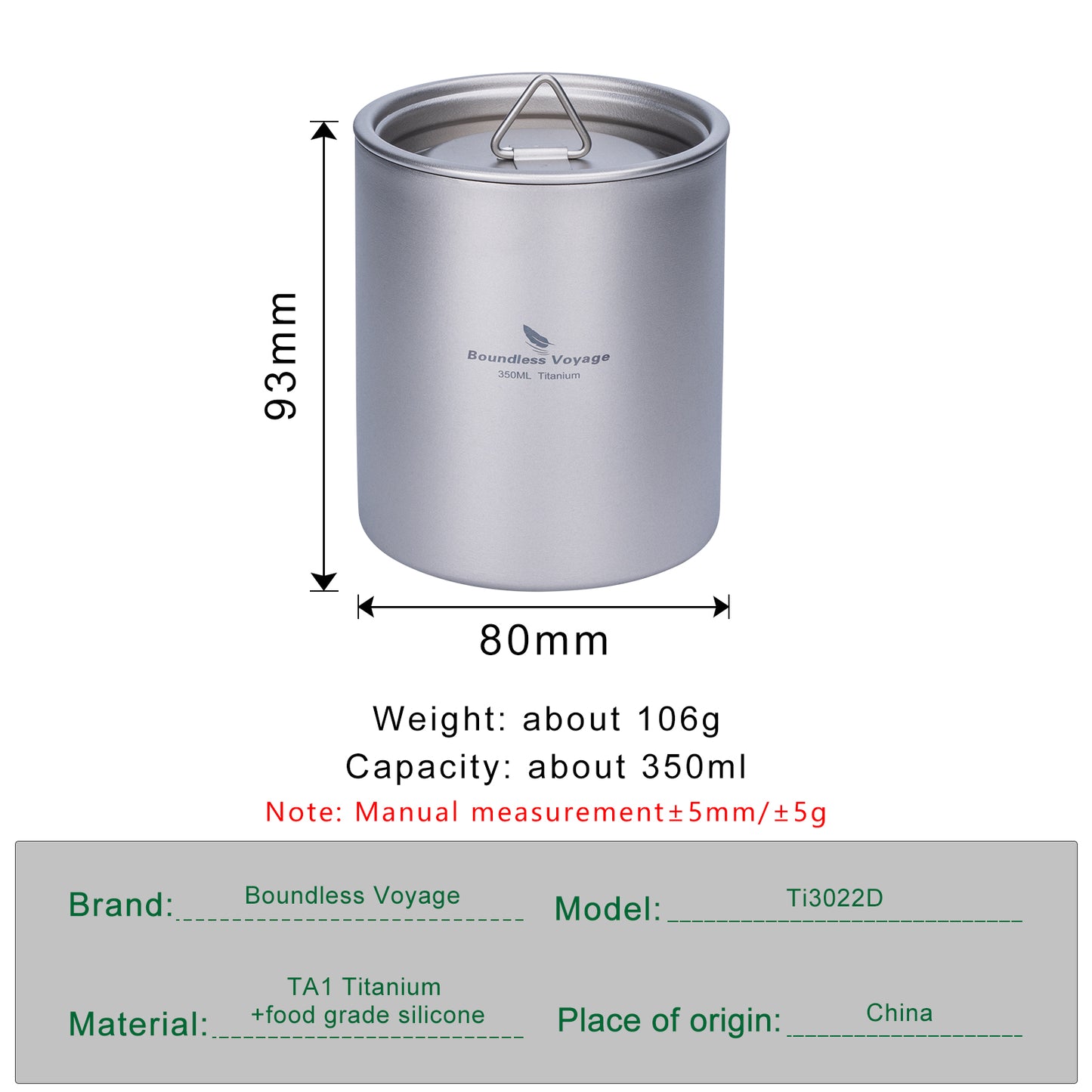 Boundless Voyage Double Walled Titanium Cup with Lid Outdoor Indoor Anti-scalding Mug Tableware 350ml