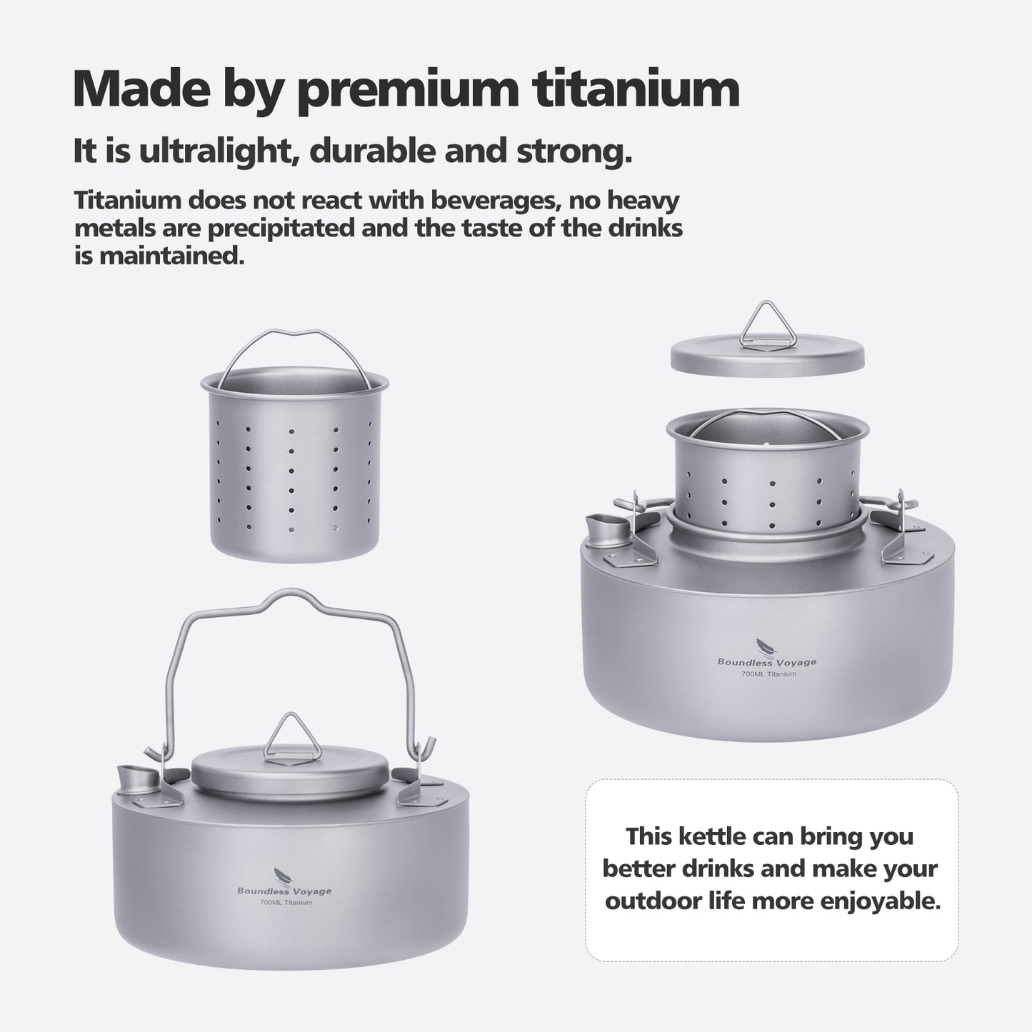 Boundless Voyage Camping Single-layer Titanium Kettle with Folding Handle 700ML Durable Bushcraft Gear Open Fire Kettle