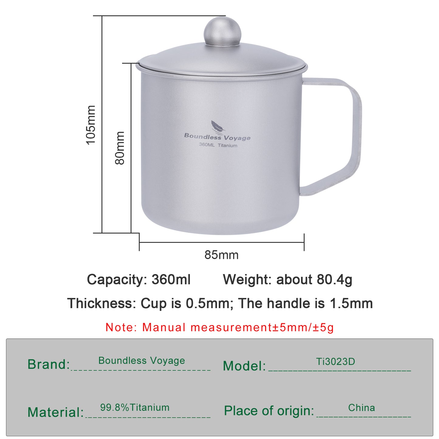 Boundless Voyage Titanium Camping Mug Cup with Lid Ultra-light Portable Hiking Backpacking