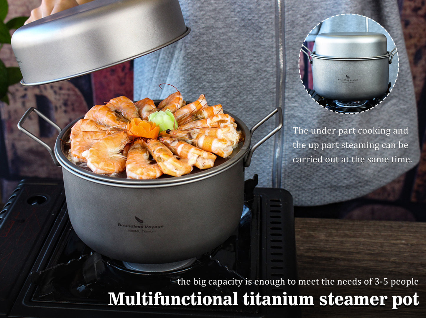 Boundless Voyage Multifunctional Titanium Steamer Soup Pot Frying Pan Set with Lid Outdoor Camping Wok Tea Tray Saucepan Mess Kit