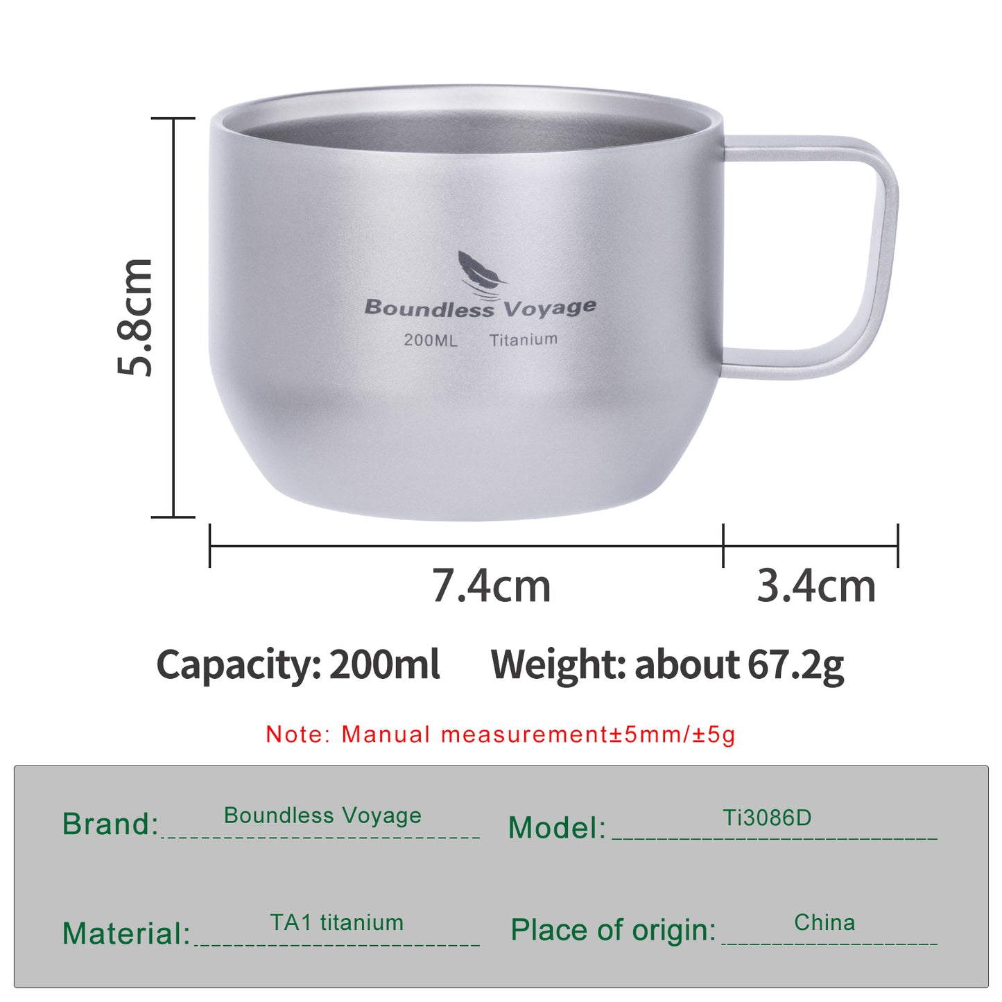 iBasingo 200ml Titanium Double Wall Mug Metal Coffee Tea Cup Mini Espresso Cup Outdoor Camping Travel Ultralight Durable Portable Drinkware