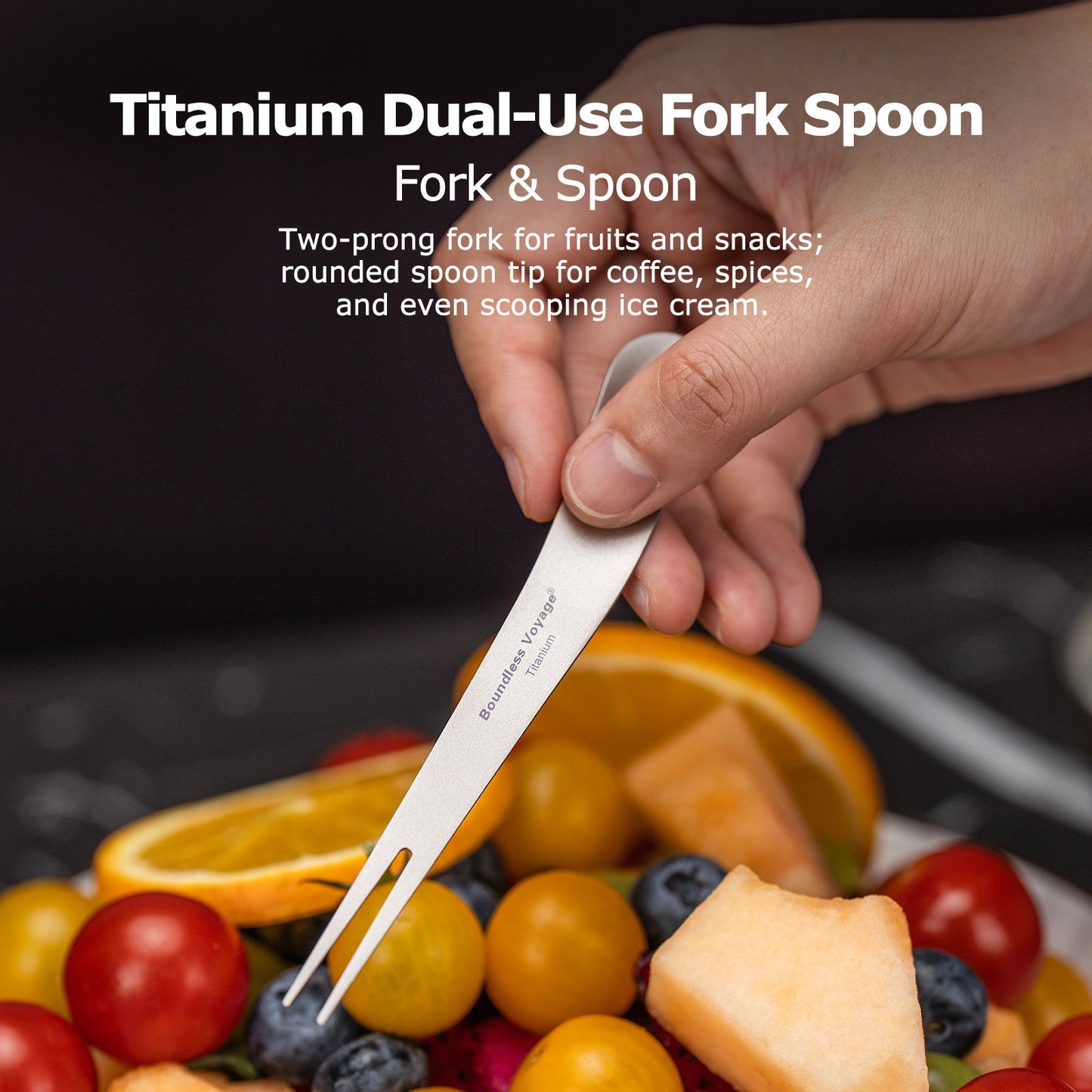 Boundless Voyage Titanium Dual-Use Fork Spoon Set – 5pcs Ultralight (5.6g Each), Camping Cutlery with Drawstring Bag for Fruit, Coffee, Ice Cream & Outdoor Travel