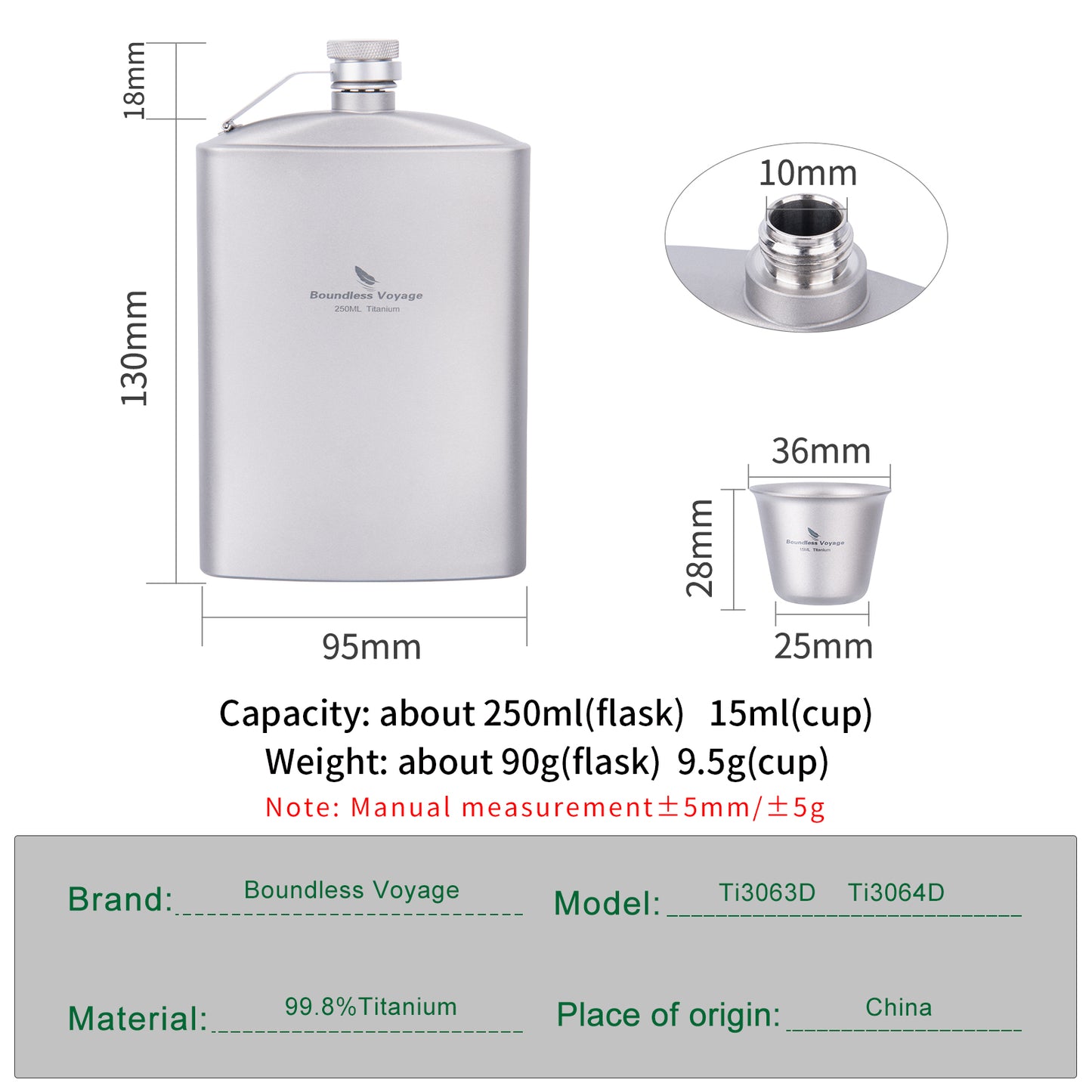Boundless Voyage Titanium Flask 250ml with Cup & Funnel | Ultralight Pure Titanium Hip Flask for Camping Hiking Travel