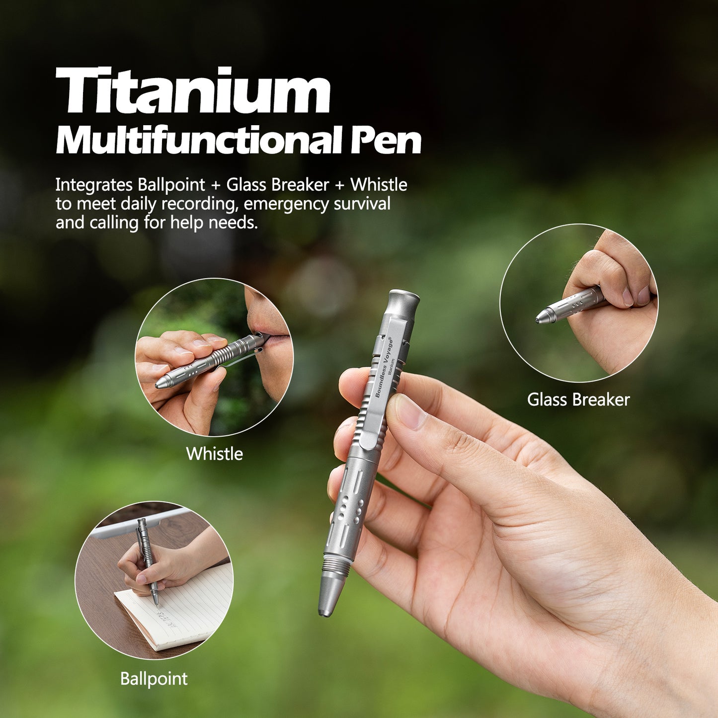 Boundless Voyage Titanium Multifunctional Pen 3-in-1 Outdoor Whistle + Car Window Breaker + Survival Self-Defense Tool