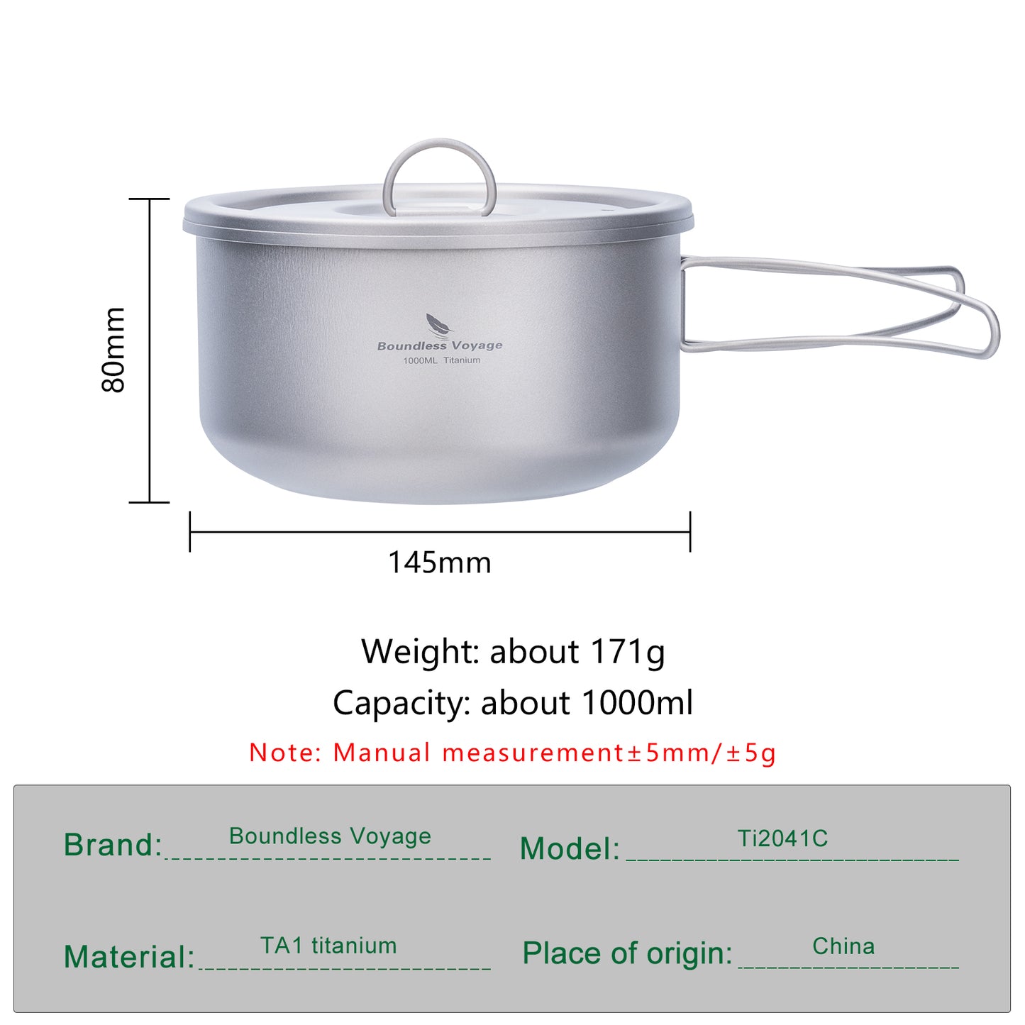 Boundless Voyage 1000ml Titanium Pot with Lid Outdoor Camping Individual Soldier Pot Single Layer Lunch Box with Folding Handle Portable Backpacking Cup