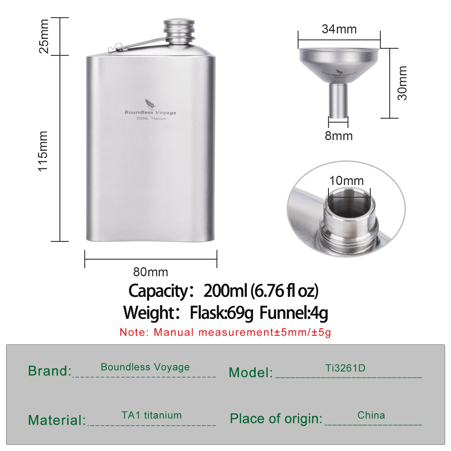Boundless Voyage Titanium Flask 200ml- Ultralight & Durable Camping Essential - Flavor-Resistant Flask Bottle for Whiskey Vodka Wine Outdoor Travel Equipment