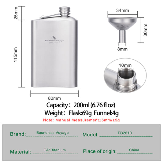 Boundless Voyage Titanium Flask 200ml- Ultralight & Durable Camping Essential - Flavor-Resistant Flask Bottle for Whiskey Vodka Wine Outdoor Travel Equipment