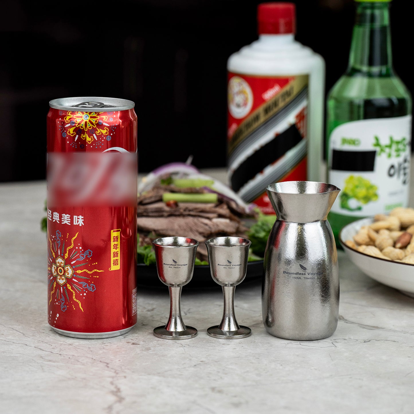 Boundless Voyage 3 Pieces Titanium Japanese Sake Set, 150ml Sake Carafe with 2 Cups, for for Sake Japanese Wine/Soju/Drink/Tea Dishwasher Safe Portable Drinkware for Outdoor Travel