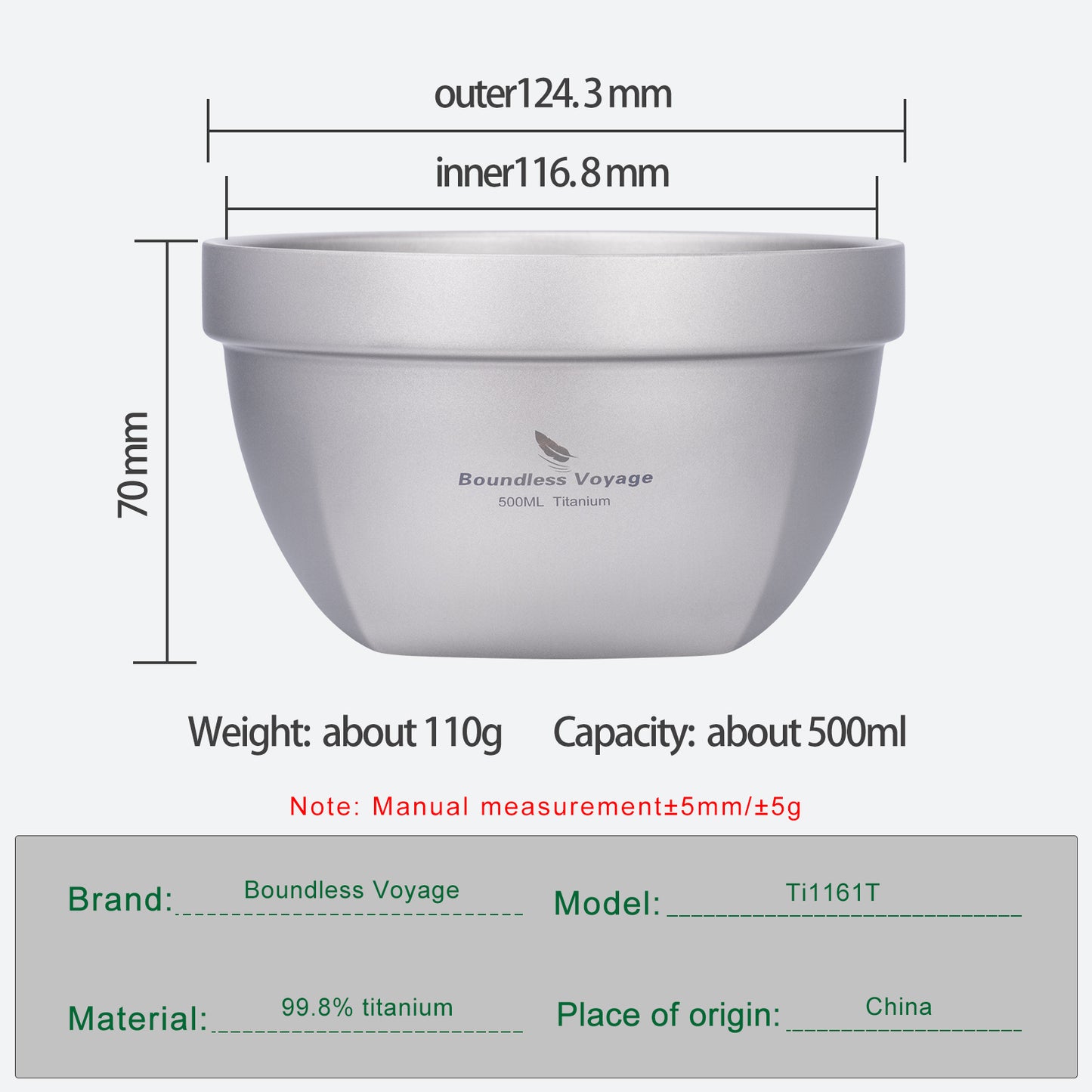 Boundless Voyage 500ml Double Walled Titanium Bowl Oatmeal Food Rice Soup Bowl Ultralight Portable Tableware Outdoor Camping Metal Bowl