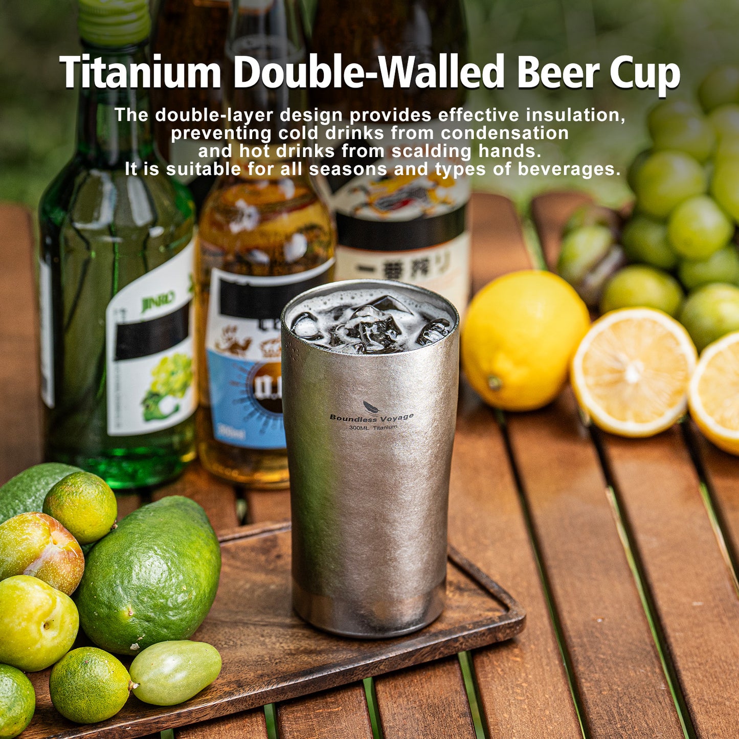 Boundless Voyage Titanium Double-Walled Beer Cup Ultralight Coffee Tea Juicy Cups for Home Outdoor Camping Picnic 300ml Crystallized Finish