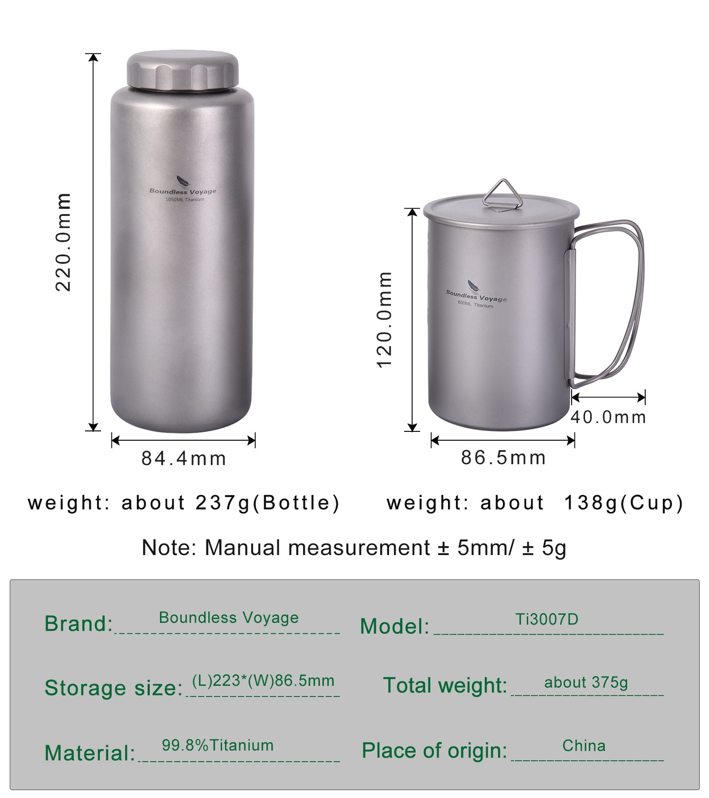 Boundless Voyage Titanium Bottle with Nesting Cup Lightweight Portable for Hiking Camping Picnic