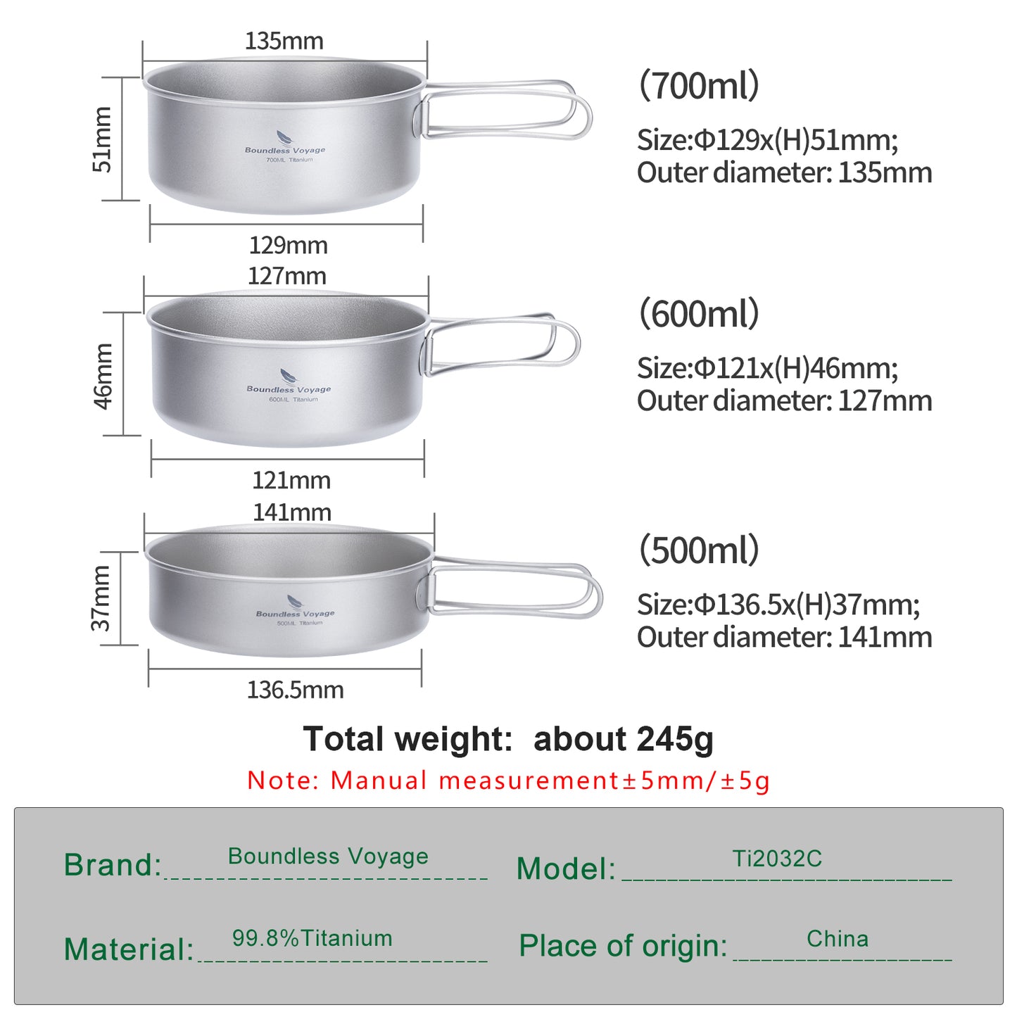Boundless Voyage Titanium Pot Pan Set with Collapsible Folding Handle Ultralight Tableware Outdoor Dinnerware Set 3pcs