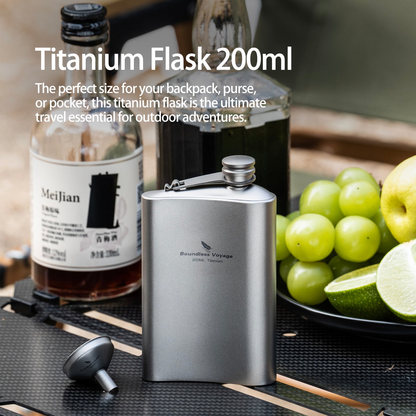 Boundless Voyage Titanium Flask 200ml- Ultralight & Durable Camping Essential - Flavor-Resistant Flask Bottle for Whiskey Vodka Wine Outdoor Travel Equipment