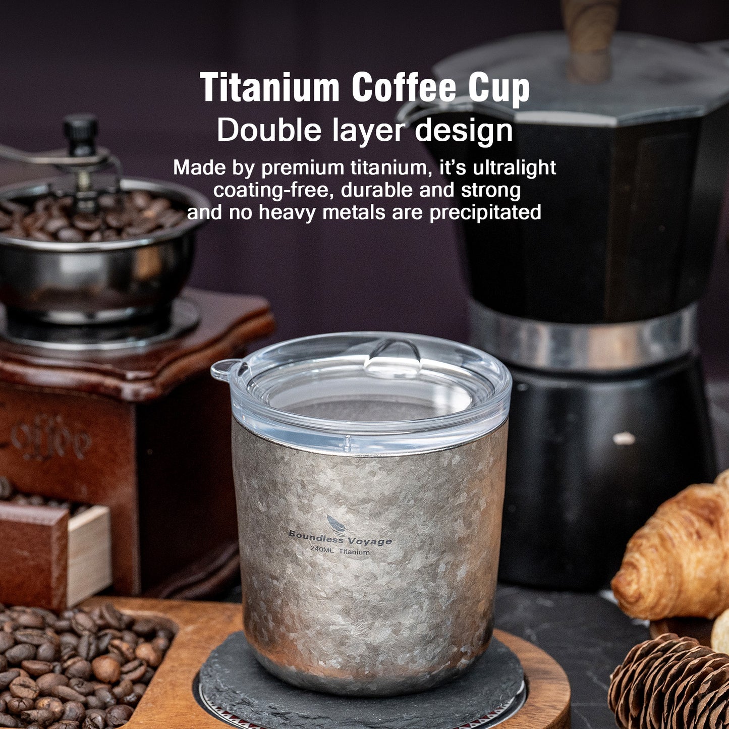 Boundless Voyage Titanium Double-Walled Coffee Cup with Lid Wine Tea Water Mug 240ml