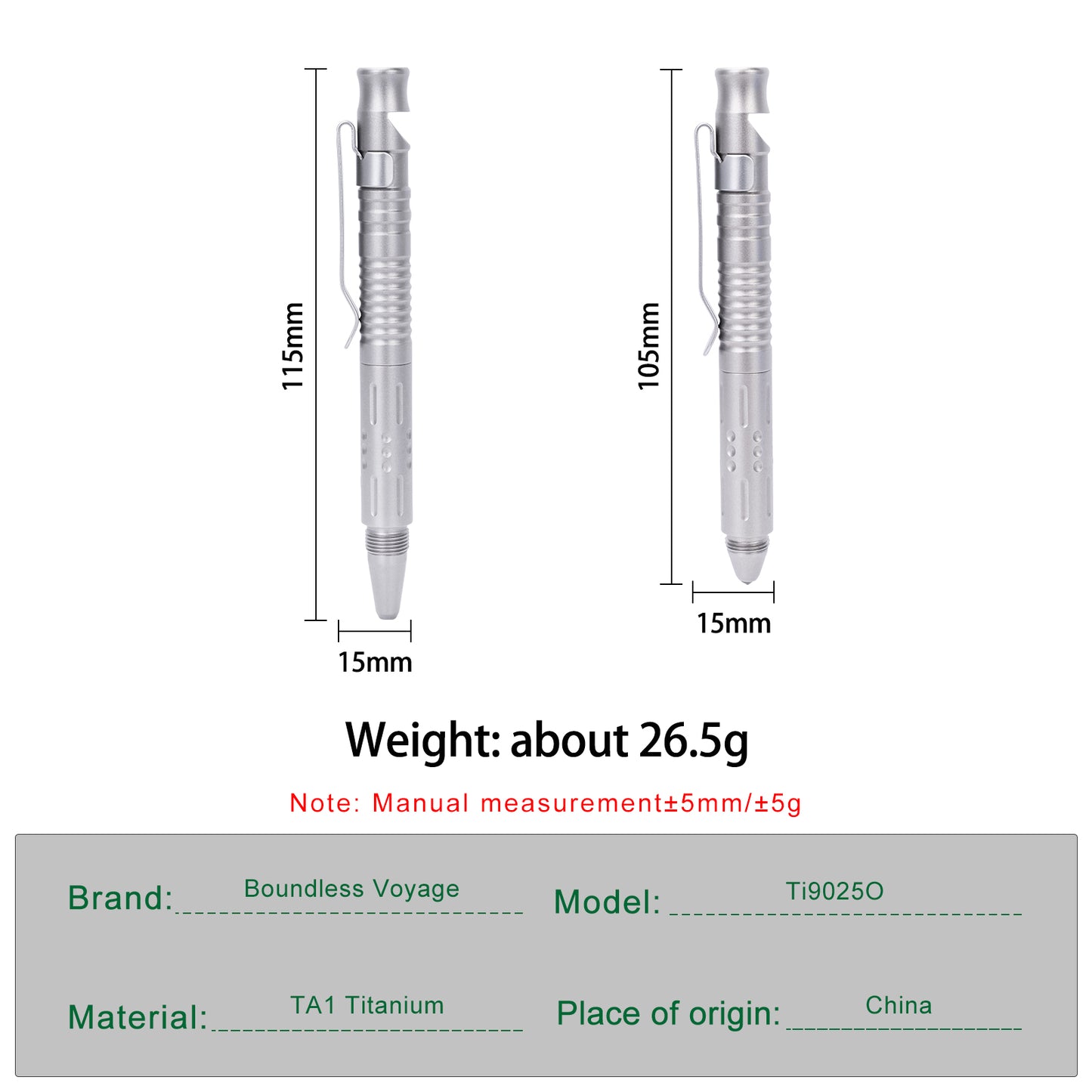 Boundless Voyage Titanium Multifunctional Pen 3-in-1 Outdoor Whistle + Car Window Breaker + Survival Self-Defense Tool