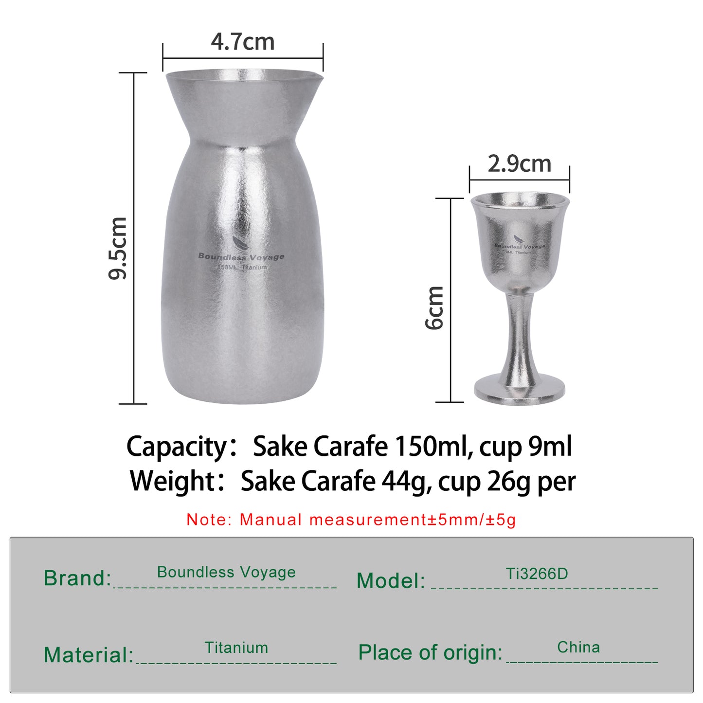 Boundless Voyage 3 Pieces Titanium Japanese Sake Set, 150ml Sake Carafe with 2 Cups, for for Sake Japanese Wine/Soju/Drink/Tea Dishwasher Safe Portable Drinkware for Outdoor Travel