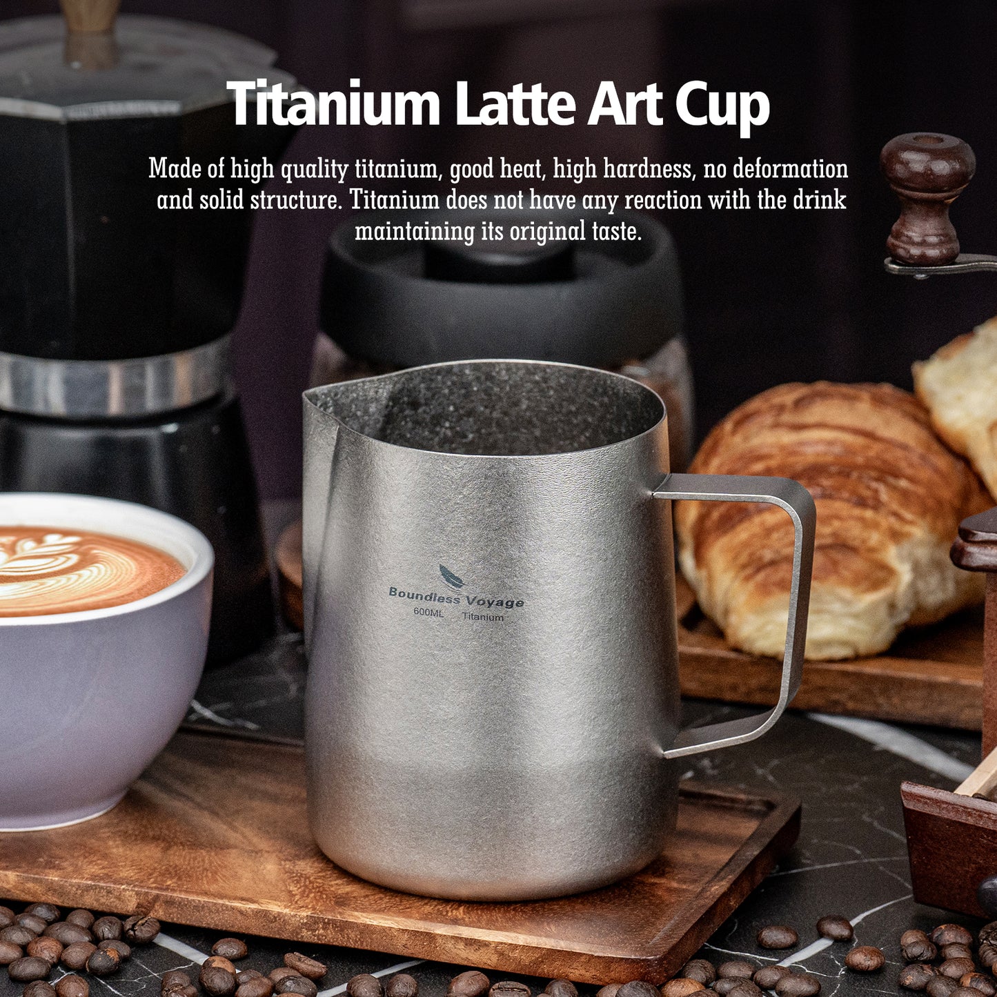 Boundless Voyage Titanium Espresso Steaming Pitcher Titanium Milk Frother Cup Barista Latte Art Round Spout Milk Jug Coffee Cup