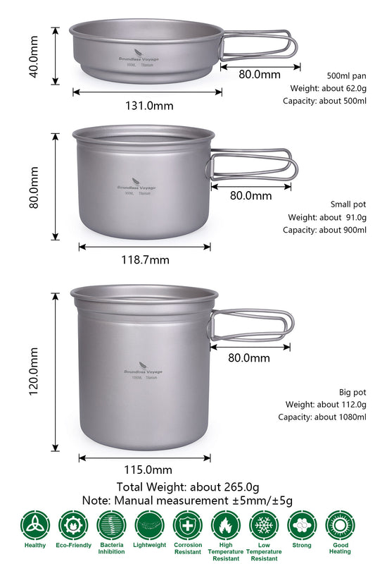 Titanium Pot Pan Set with Folding Handle Outdoor Camping Frying Pan
