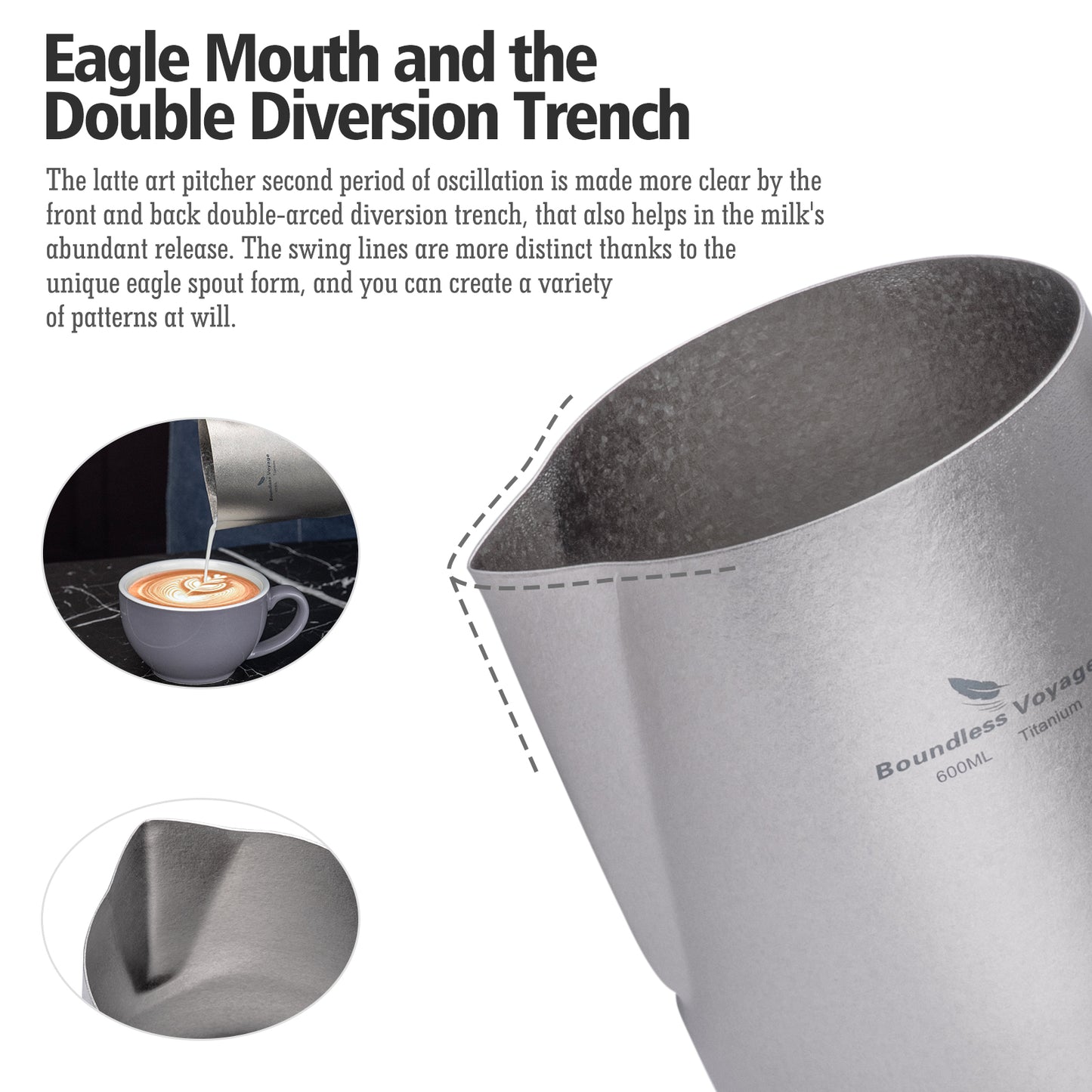 Boundless Voyage Titanium Espresso Steaming Pitcher Titanium Milk Frother Cup Barista Latte Art Round Spout Milk Jug Coffee Cup
