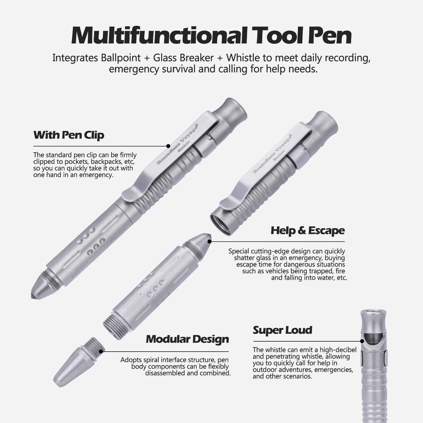 Boundless Voyage Titanium Multifunctional Pen 3-in-1 Outdoor Whistle + Car Window Breaker + Survival Self-Defense Tool