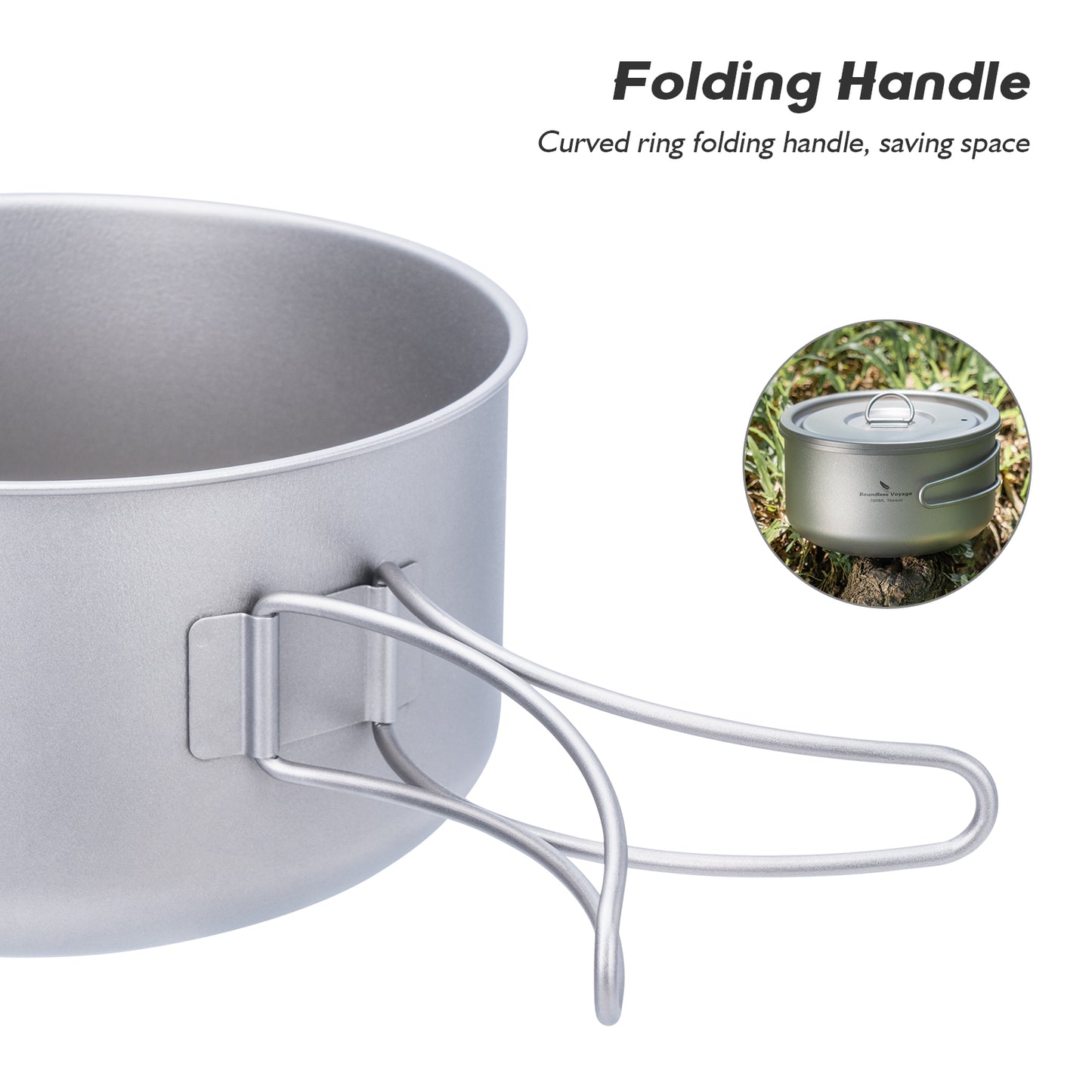 Boundless Voyage 1000ml Titanium Pot with Lid Outdoor Camping Individual Soldier Pot Single Layer Lunch Box with Folding Handle Portable Backpacking Cup