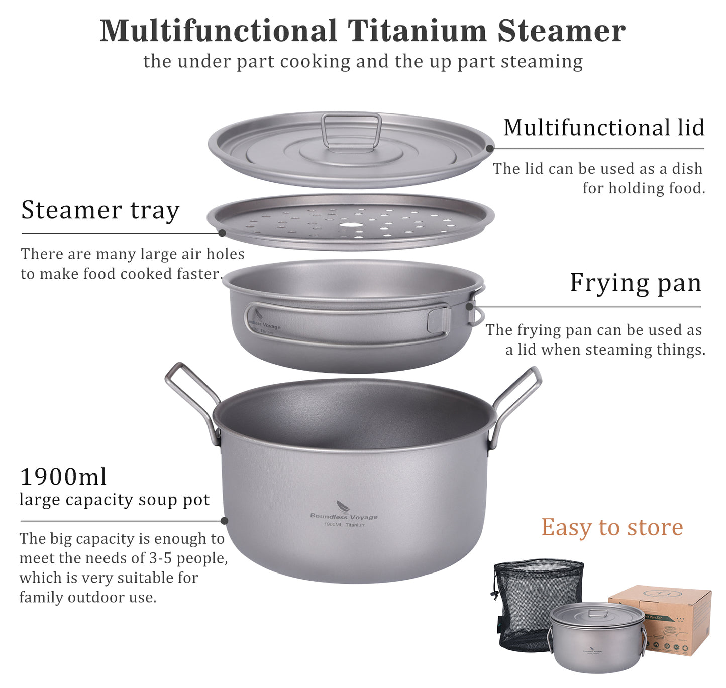 Boundless Voyage Multifunctional Titanium Steamer Soup Pot Frying Pan Set with Lid Outdoor Camping Wok Tea Tray Saucepan Mess Kit