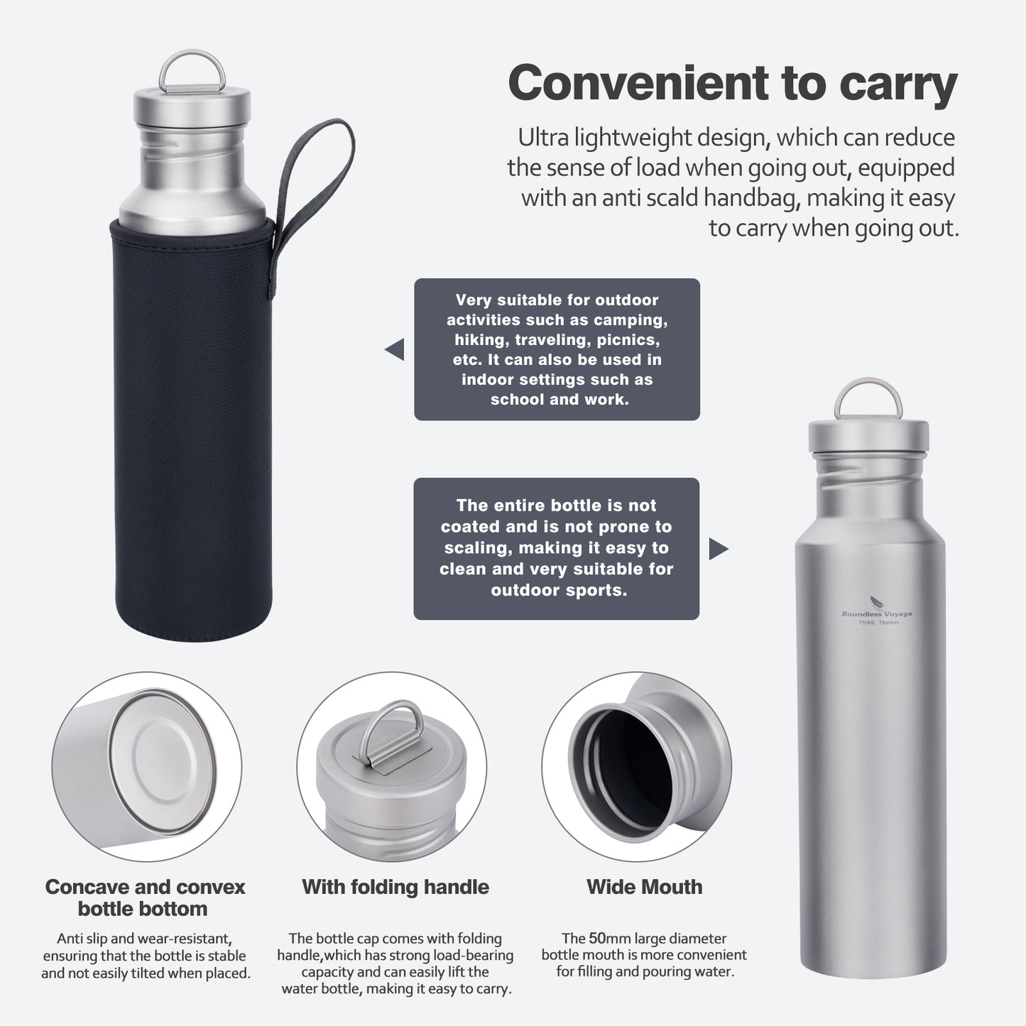 Boundless Voyage Titanium Water Bottle with Lid Wide Mouth Leak-Proof Reusable Sport Drinking Bottle for Camping Hiking Picnic Climbing Running Tea Coffee