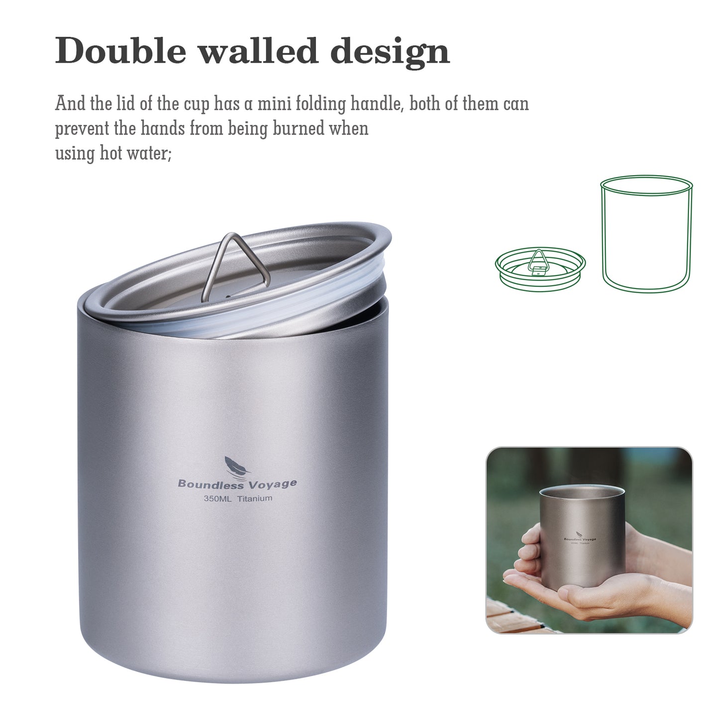 Boundless Voyage Double Walled Titanium Cup with Lid Outdoor Indoor Anti-scalding Mug Tableware 350ml