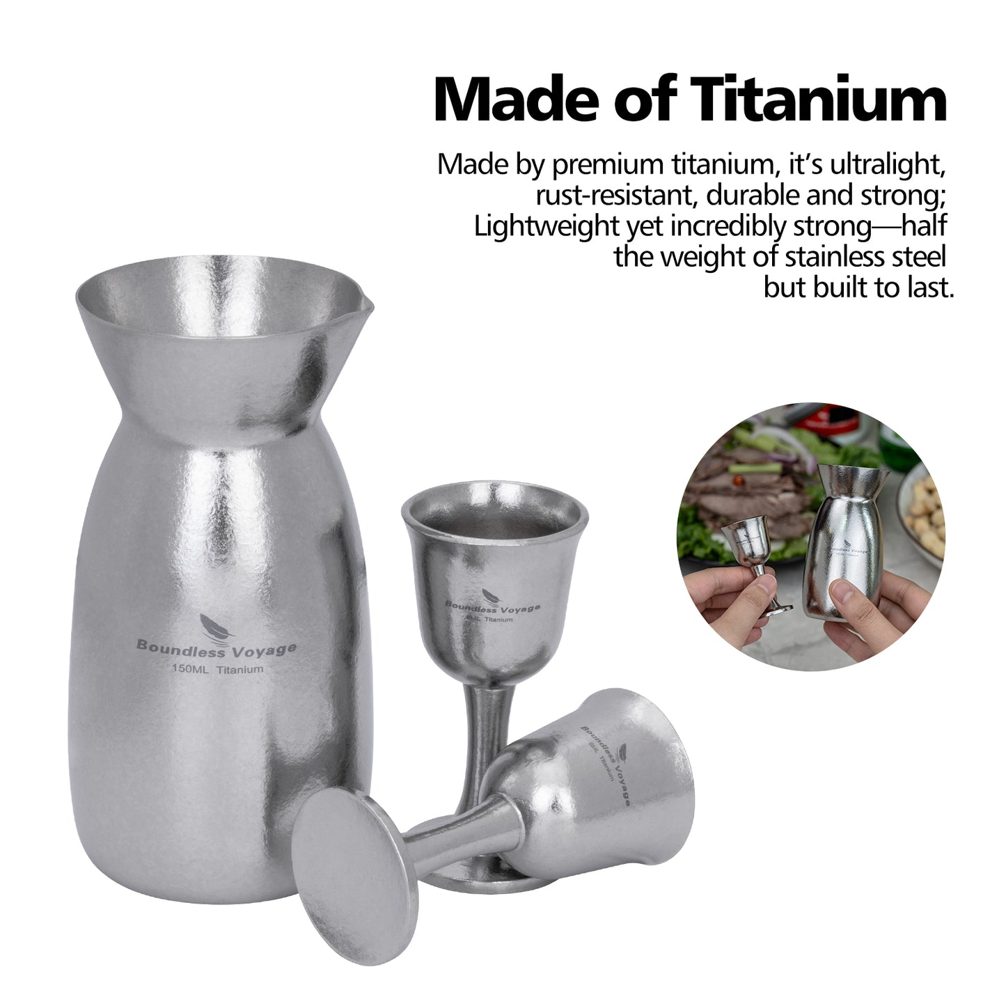 Boundless Voyage 3 Pieces Titanium Japanese Sake Set, 150ml Sake Carafe with 2 Cups, for for Sake Japanese Wine/Soju/Drink/Tea Dishwasher Safe Portable Drinkware for Outdoor Travel