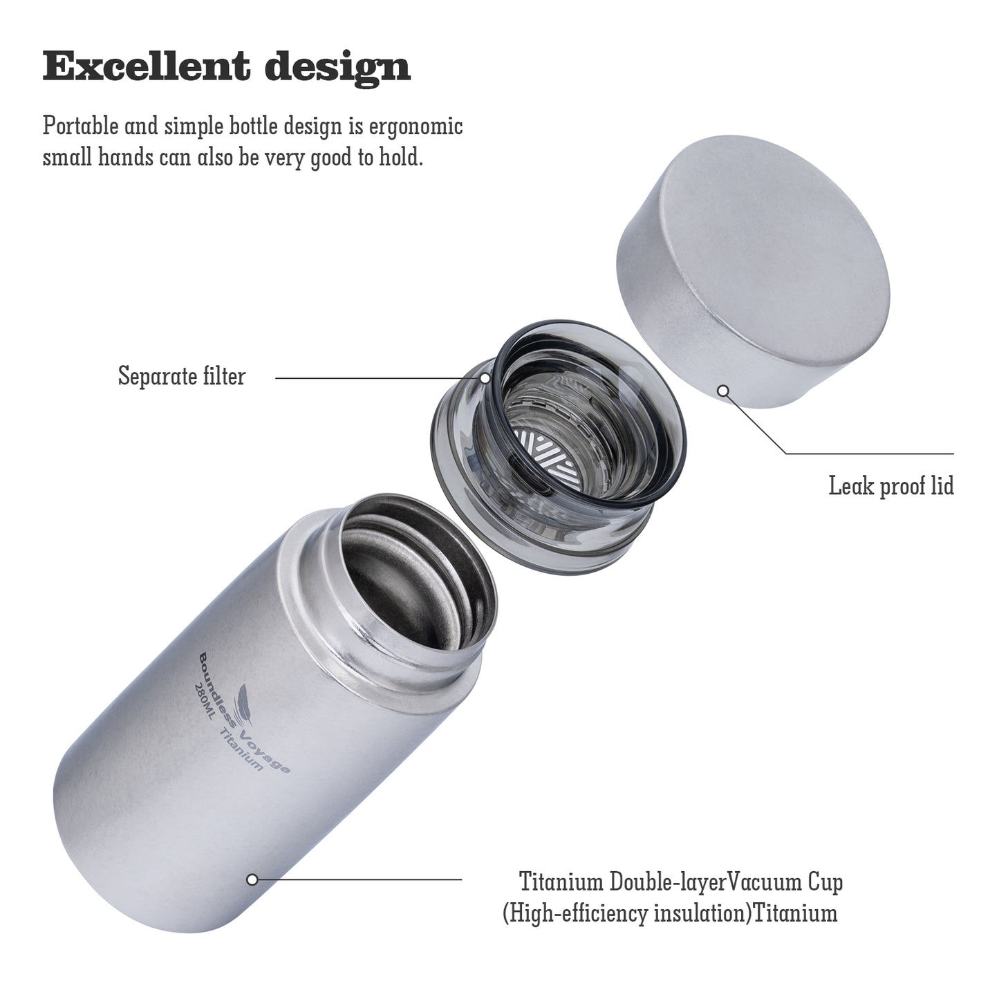 Boundless Voyage 280ml Titanium Vacuum Flask Small Insulated Bottle Portable Car Travel Coffee Tea Cup Keeps Hot or Cold Mini Sports Water Bottle for Chlid Girls Ti3014D