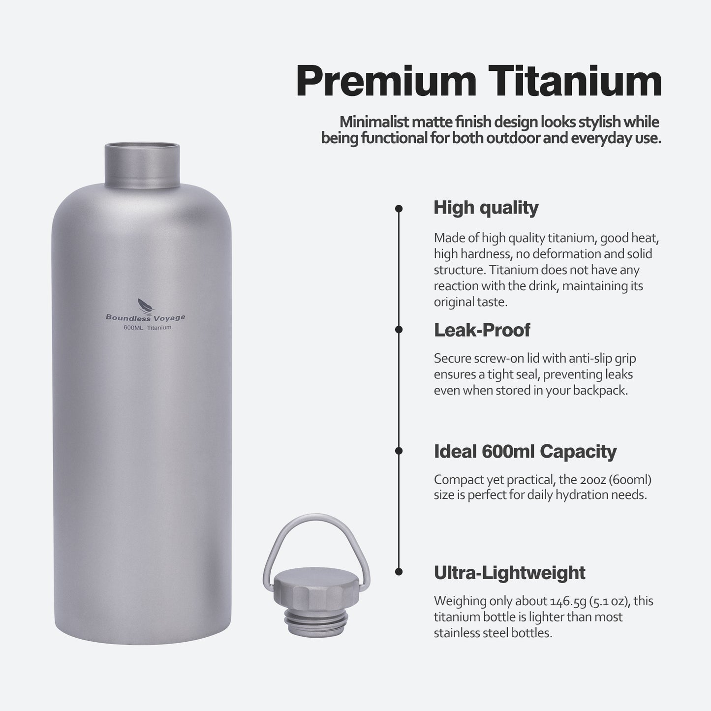 Boundless Voyage 600ml Titanium Bottle – Lightweight, Leak-Proof & Rust-Free for Camping, Hiking & Daily Hydration