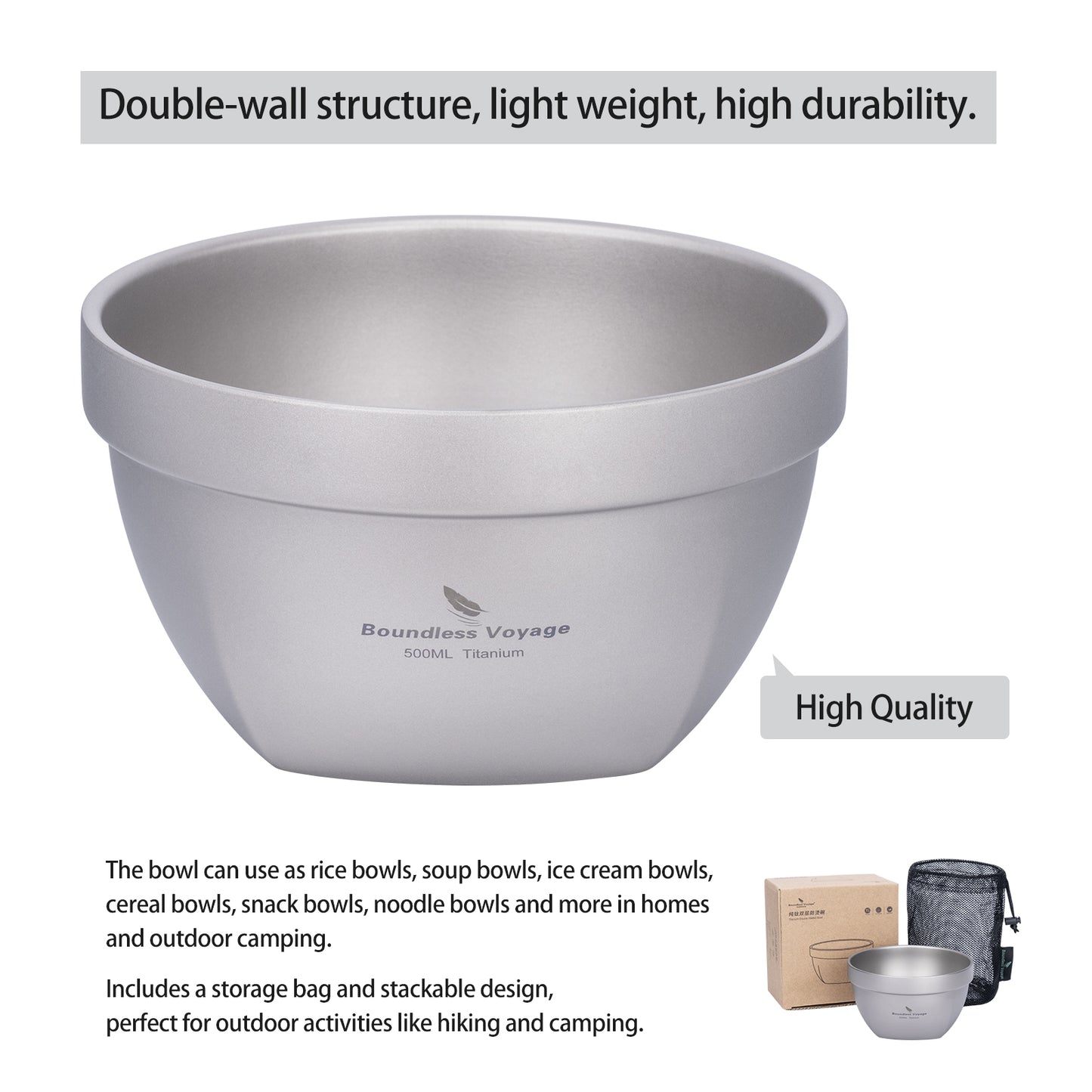 Boundless Voyage 500ml Double Walled Titanium Bowl Oatmeal Food Rice Soup Bowl Ultralight Portable Tableware Outdoor Camping Metal Bowl