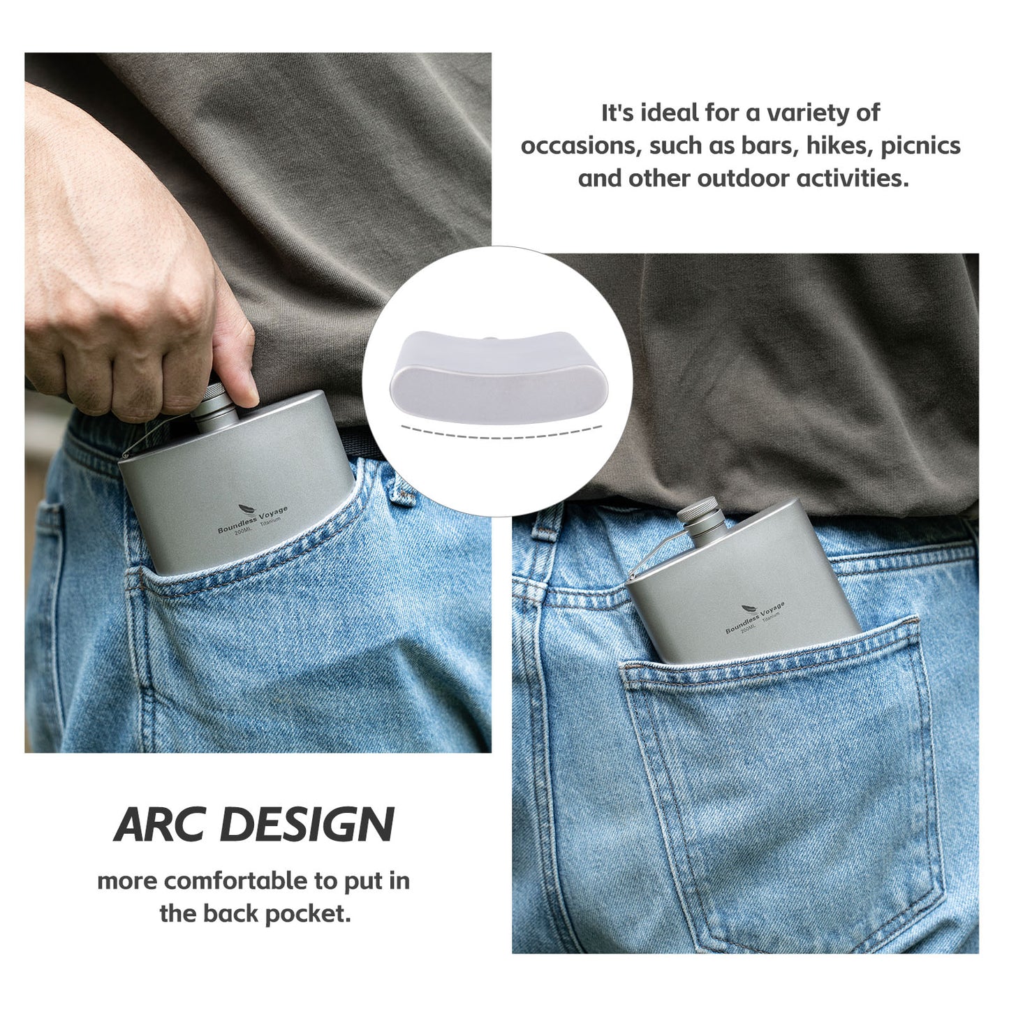 Boundless Voyage Titanium Flask with Cup 200ml Ultralight Pocket Hip Flask for Outdoor Camping Hiking
