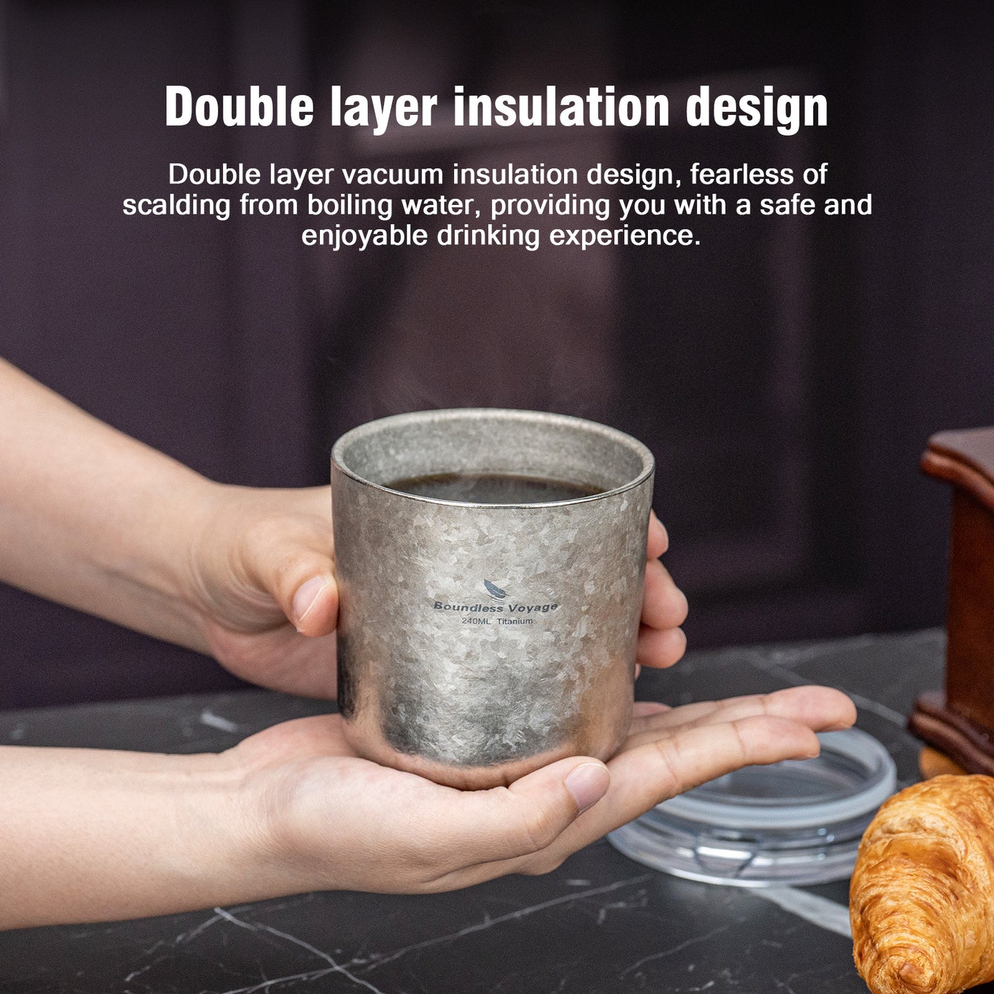 Boundless Voyage Titanium Double-Walled Coffee Cup with Lid Wine Tea Water Mug 240ml