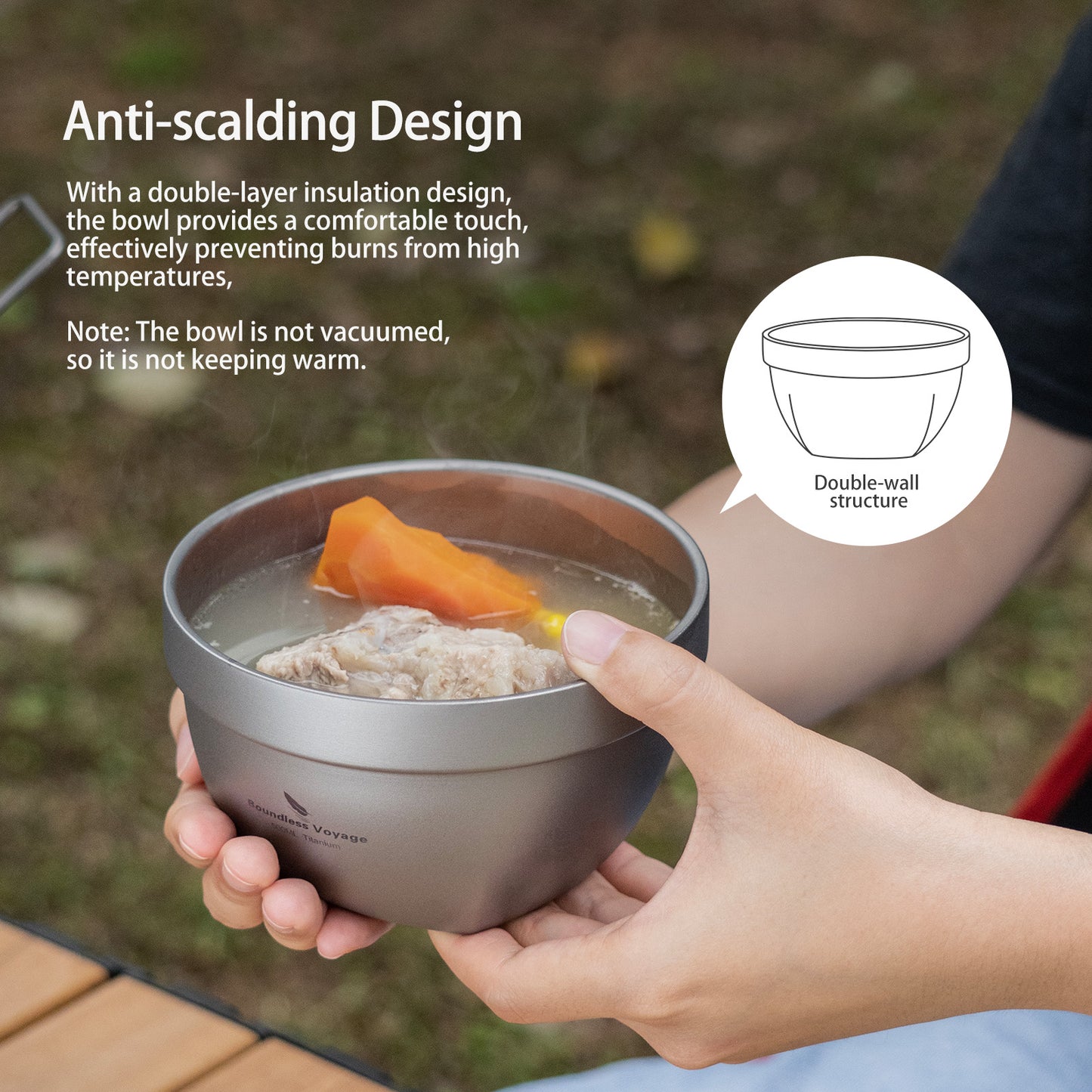 Boundless Voyage 500ml Double Walled Titanium Bowl Oatmeal Food Rice Soup Bowl Ultralight Portable Tableware Outdoor Camping Metal Bowl