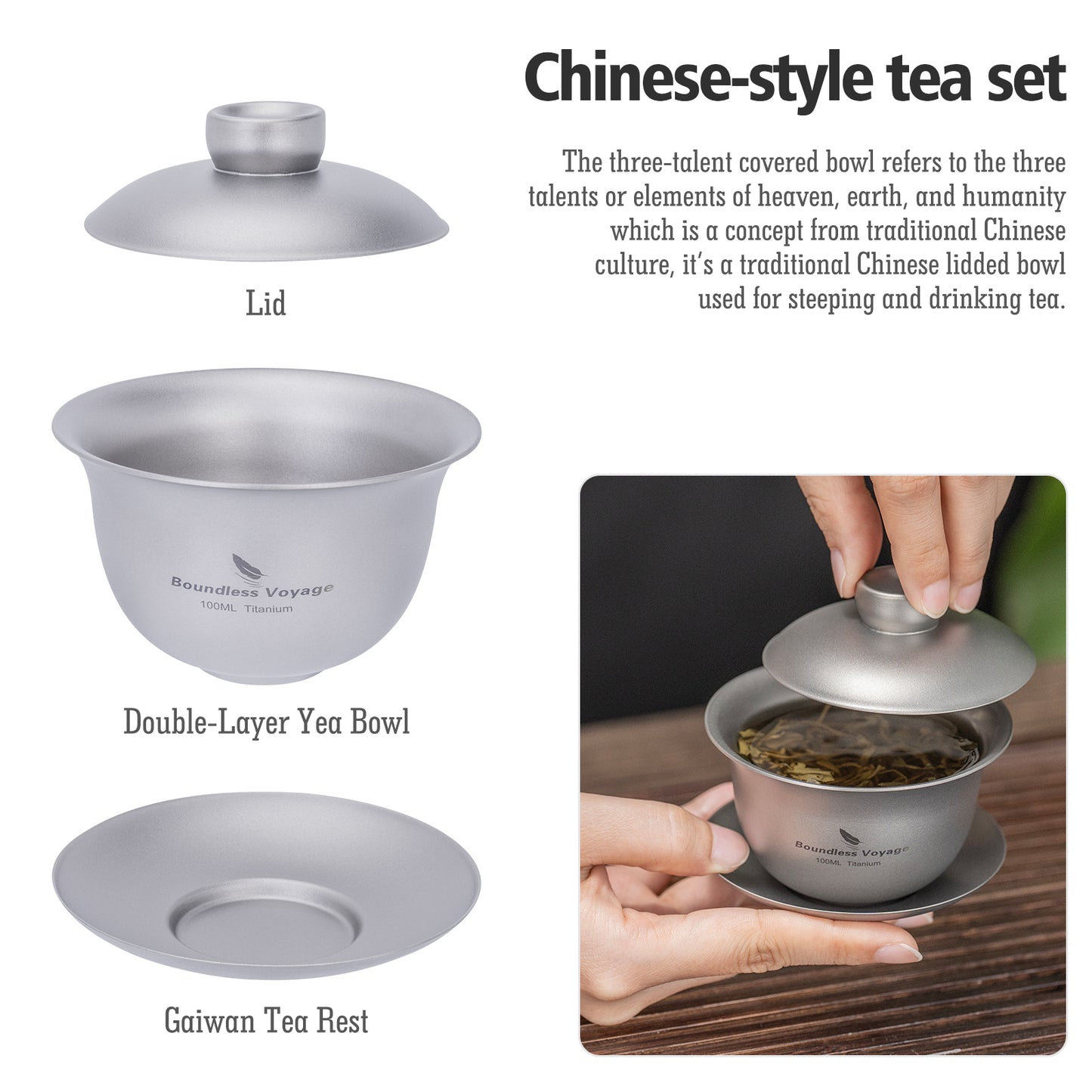 Boundless Voyage Titanium Double-Walled Teapot Chinese Traditional Three-talent Covered Bowl Triad Lid Bowl Kung Fu Gaiwan Anti-Scalding Tea Bowl Tea Set