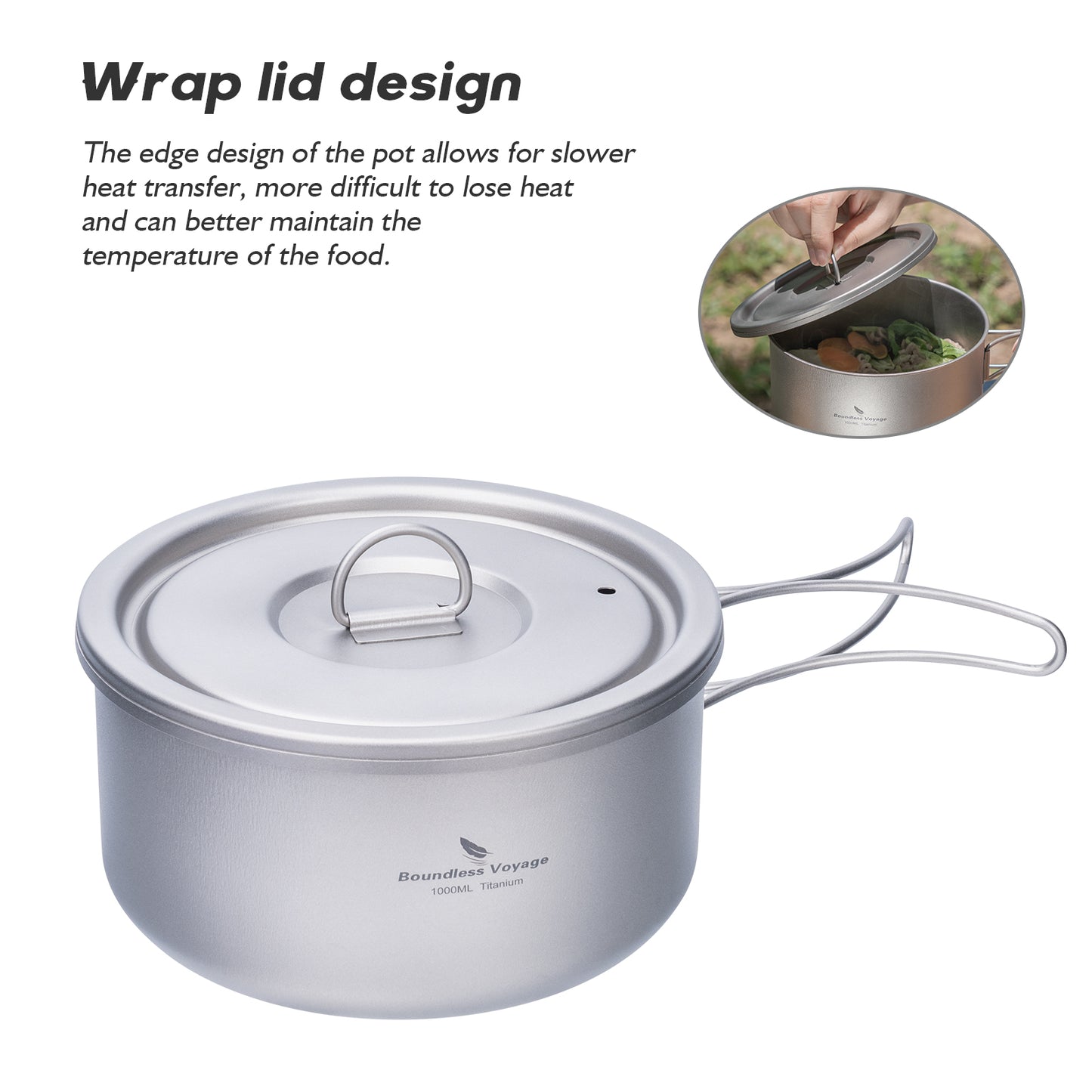 Boundless Voyage 1000ml Titanium Pot with Lid Outdoor Camping Individual Soldier Pot Single Layer Lunch Box with Folding Handle Portable Backpacking Cup