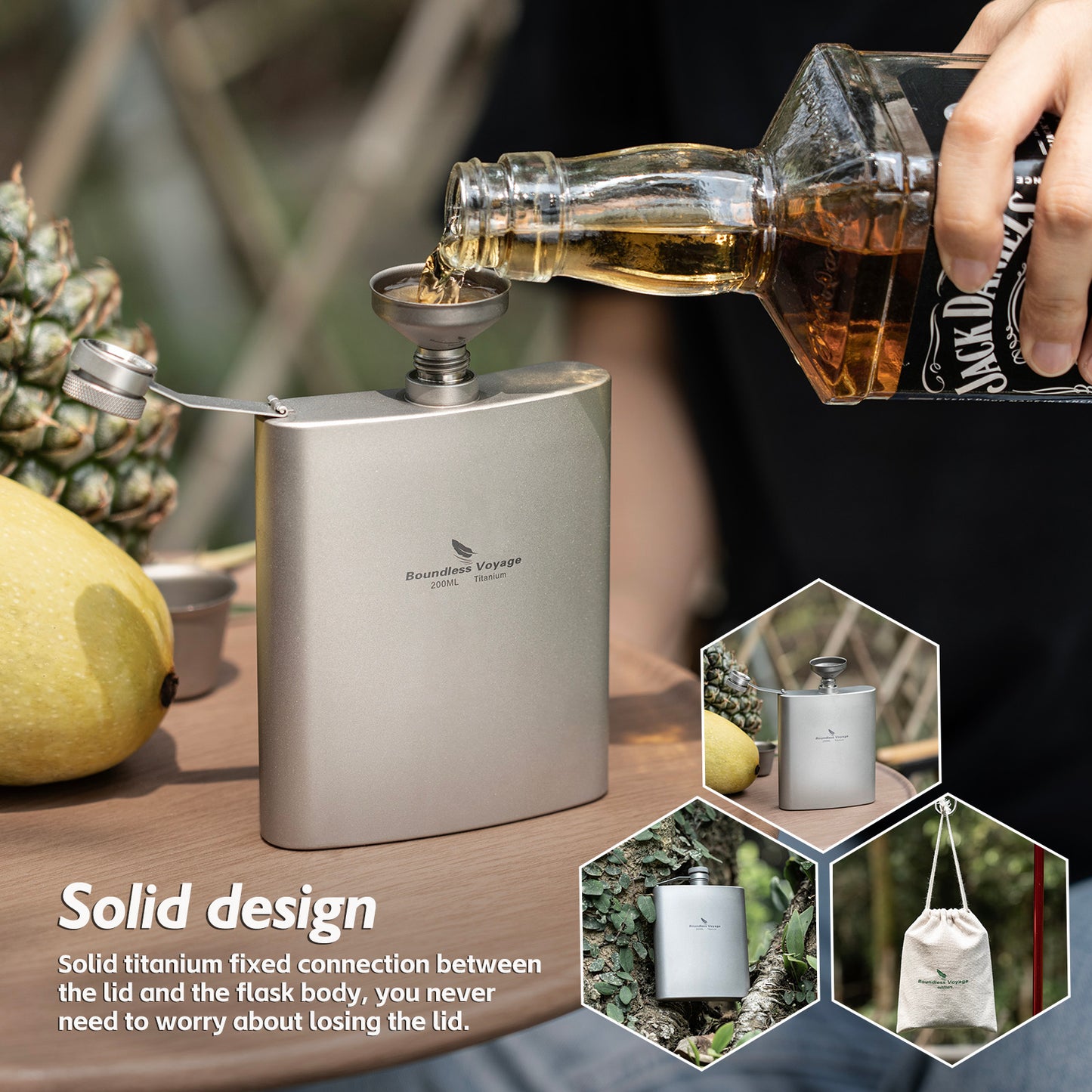 Boundless Voyage Titanium Flask with Cup 200ml Ultralight Pocket Hip Flask for Outdoor Camping Hiking