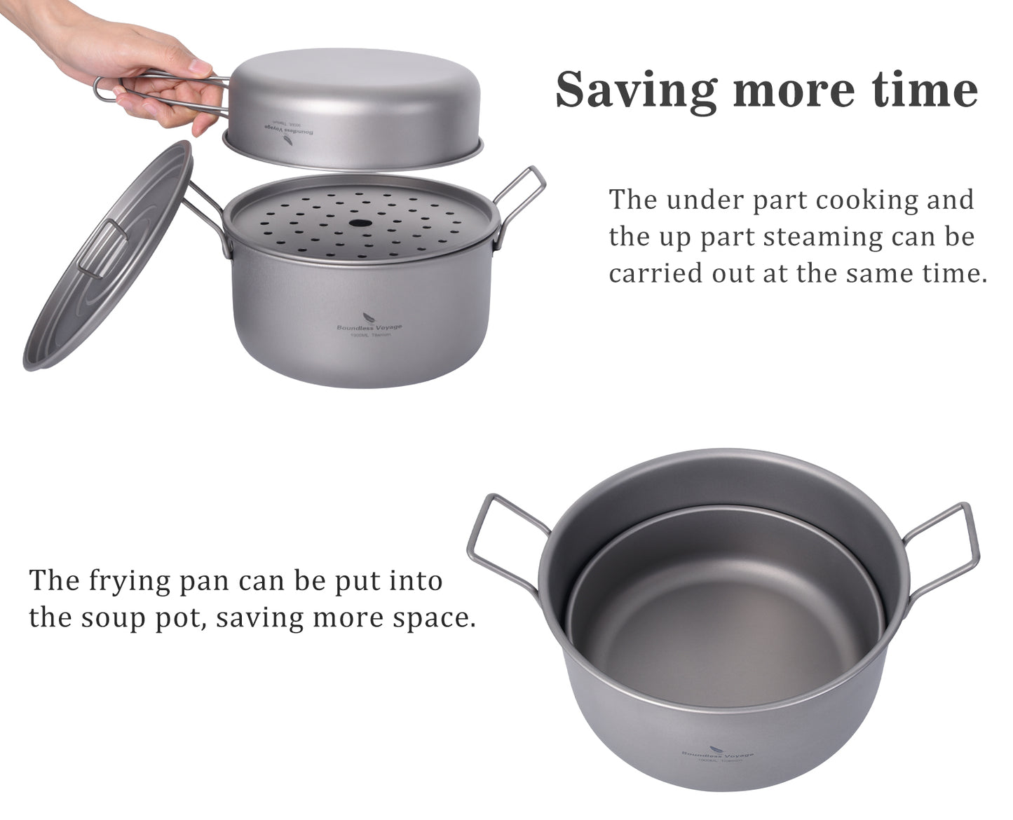 Boundless Voyage Multifunctional Titanium Steamer Soup Pot Frying Pan Set with Lid Outdoor Camping Wok Tea Tray Saucepan Mess Kit
