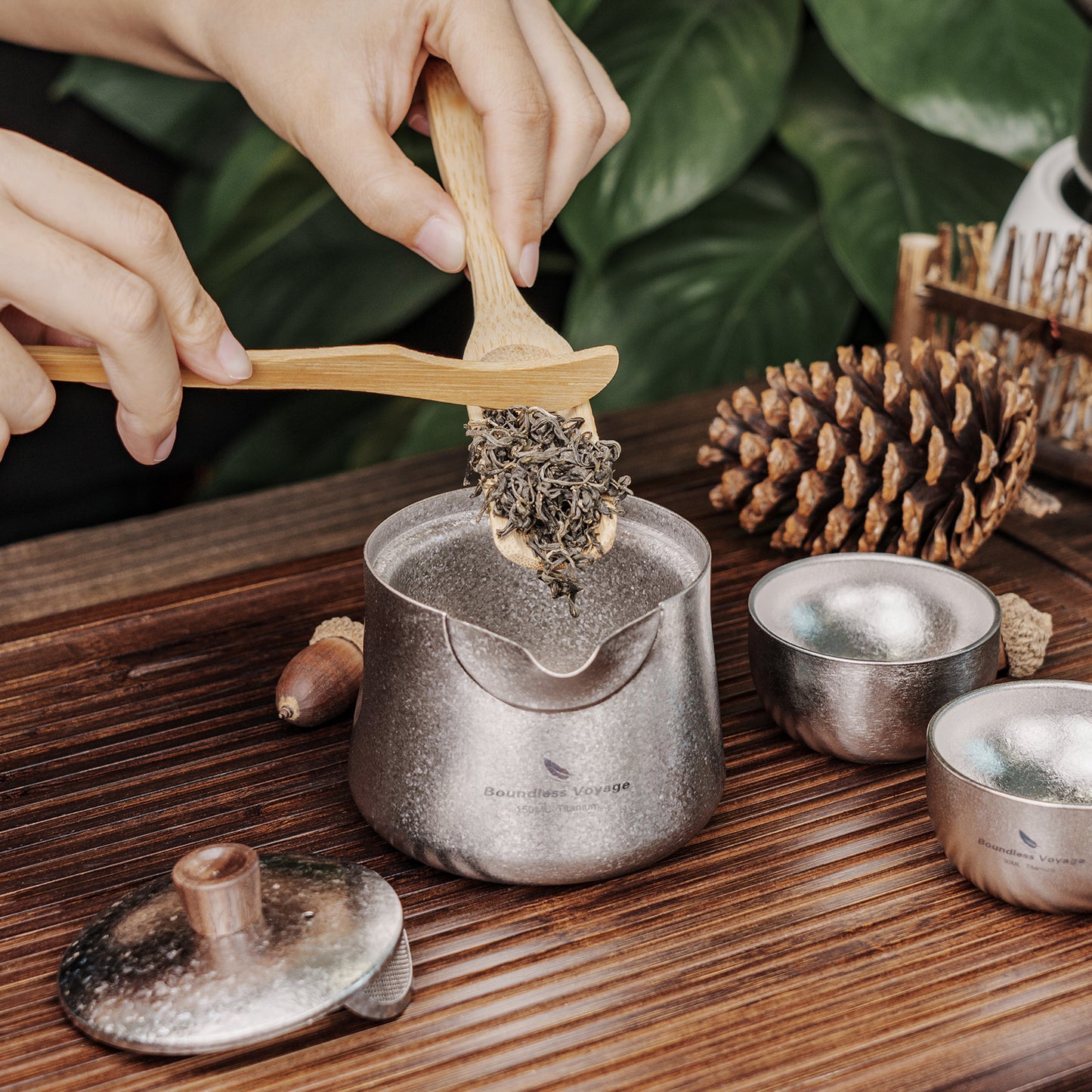 Boundless Voyage Titanium Double-Layer Tea Maker Cups Set Outdoor Camping Portable Tea Pot Tea Mug