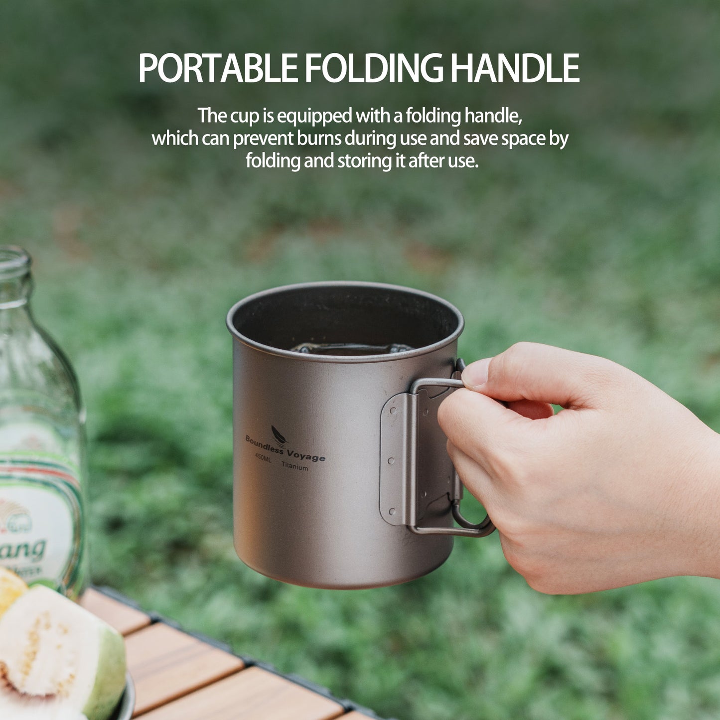 Unlimited Voyage 300ml Titanium Alloy Cup with Lid and Folding Handle for Outdoor Camping Ultra-Light Water Tea and Coffee Cup