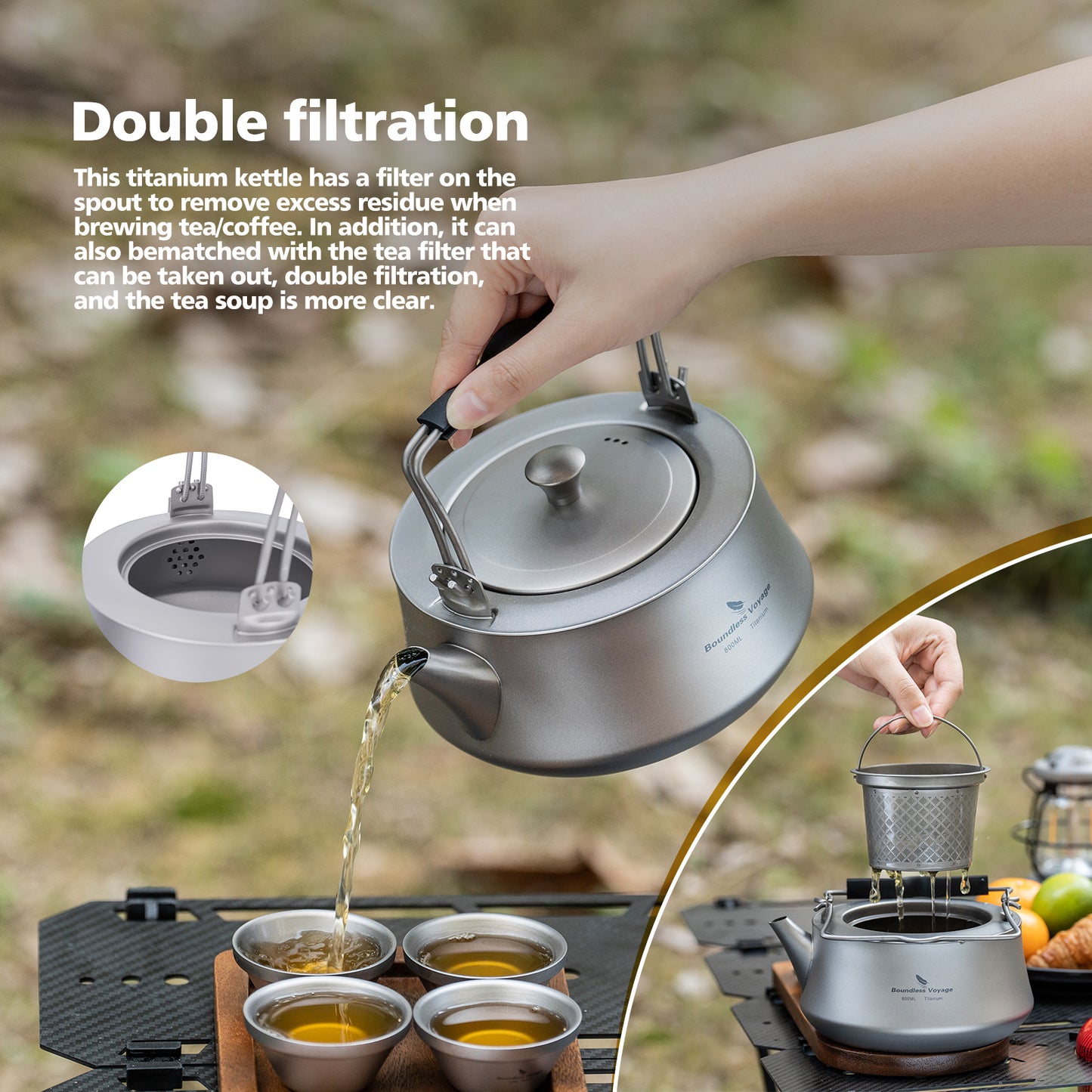 Boundless Voyage 800ML Titanium Kettle with Filter & Folding Handle Ultralight Teapot Outdoor Camping Water Jug for Loose Tea Ti3093D