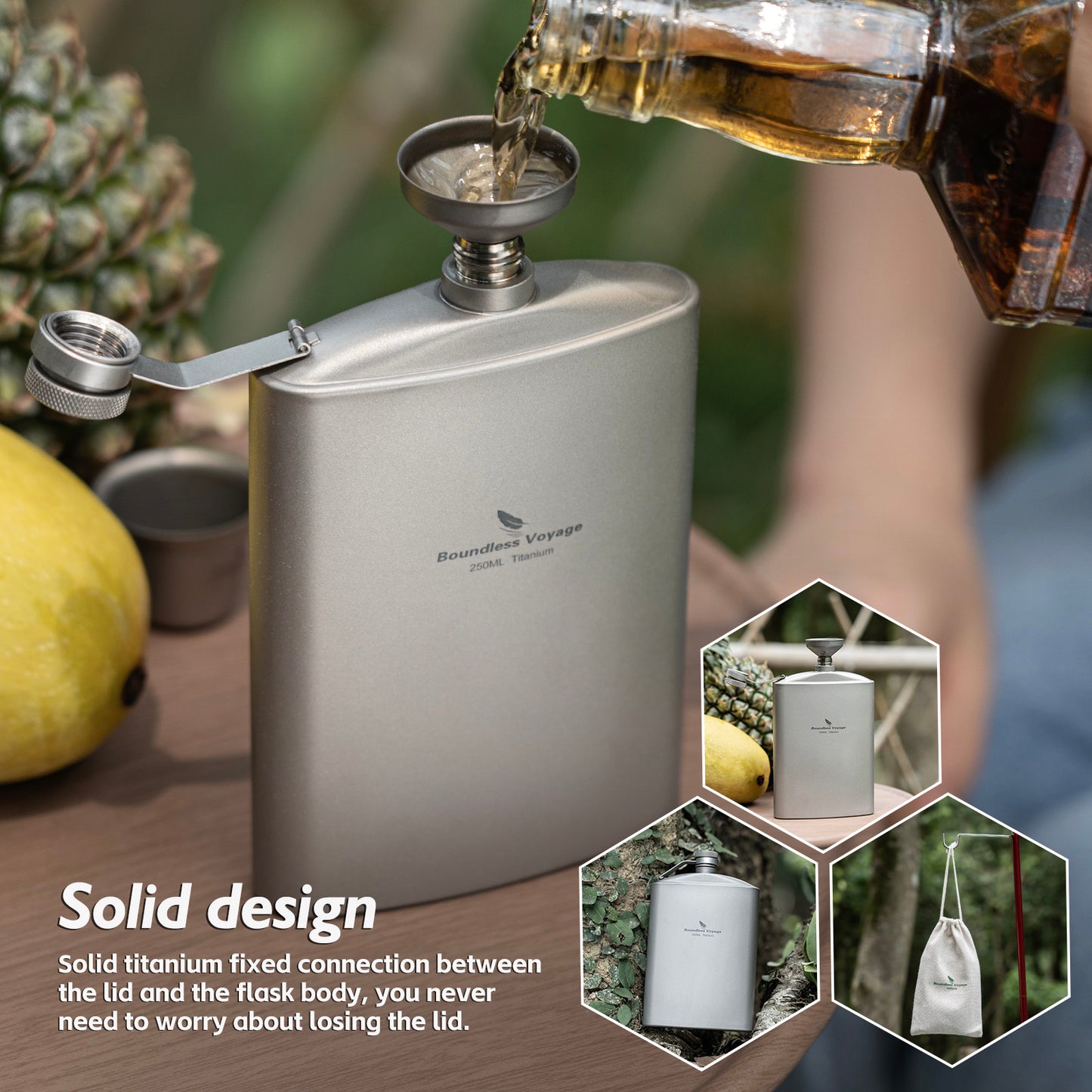 Boundless Voyage Titanium Flask 250ml with Cup & Funnel | Ultralight Pure Titanium Hip Flask for Camping Hiking Travel