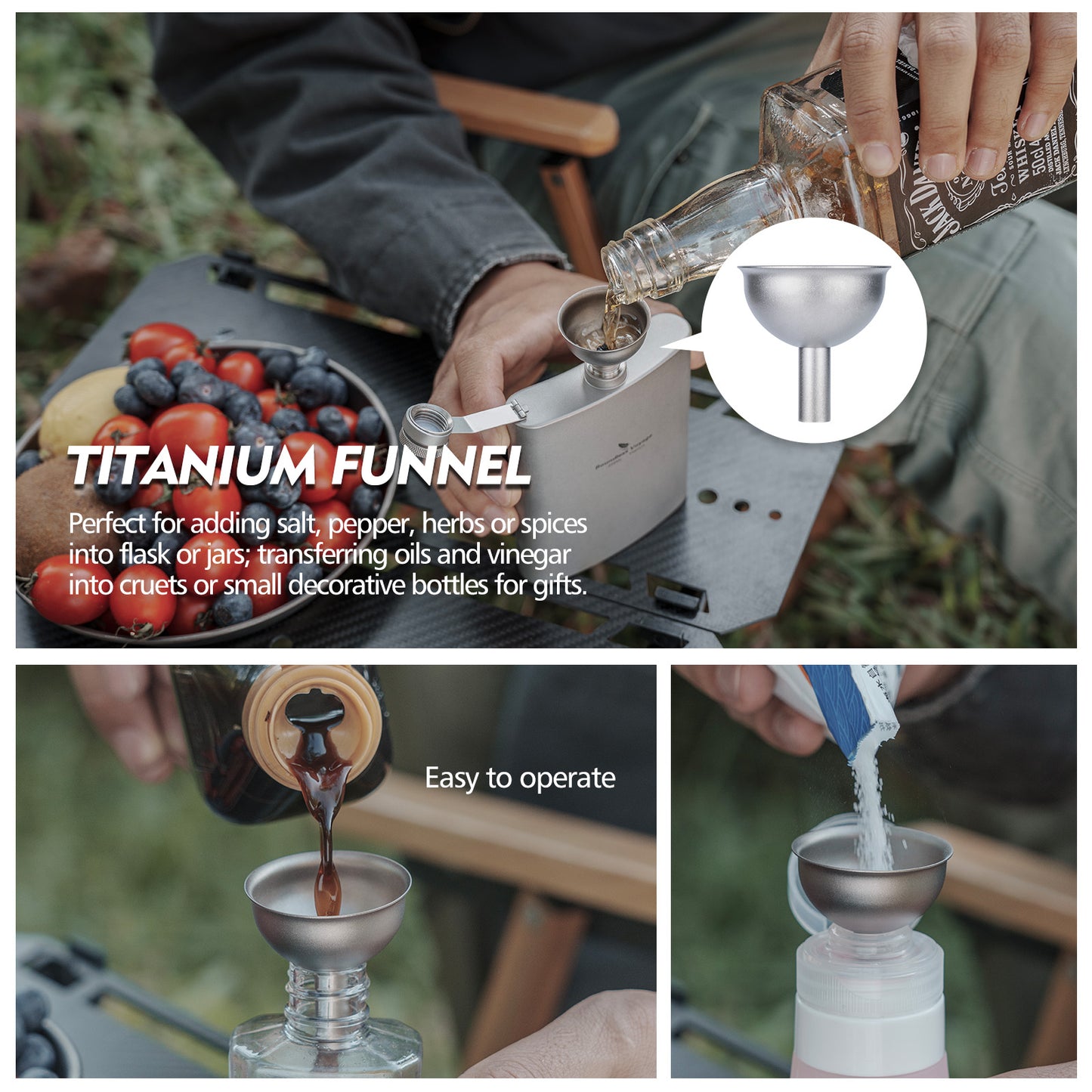 Boundless Voyage Titanium Funnel Flagon Accessories Multi-use Kitchen Funnel for Transferring Liquid, Fluid, Cooking Oils, Jam & Powder
