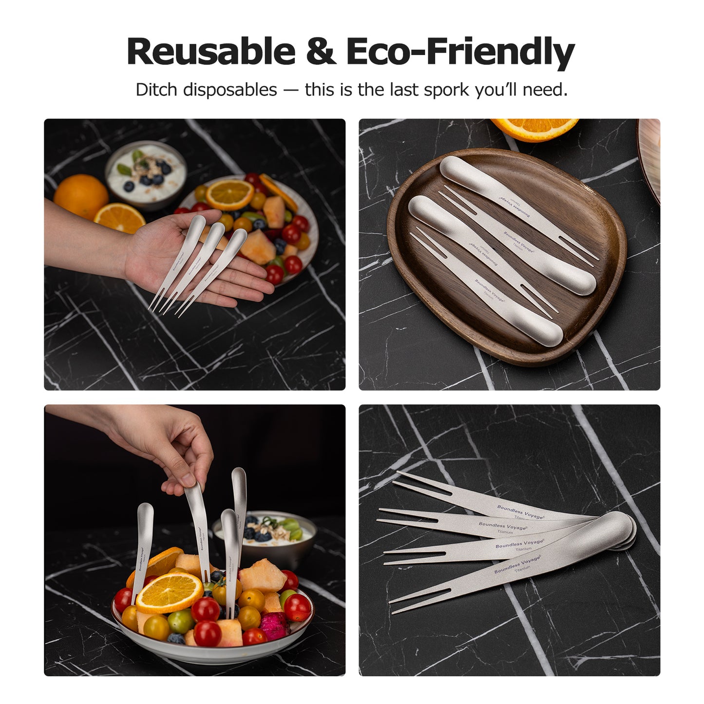 Boundless Voyage Titanium Dual-Use Fork Spoon Set – 5pcs Ultralight (5.6g Each), Camping Cutlery with Drawstring Bag for Fruit, Coffee, Ice Cream & Outdoor Travel