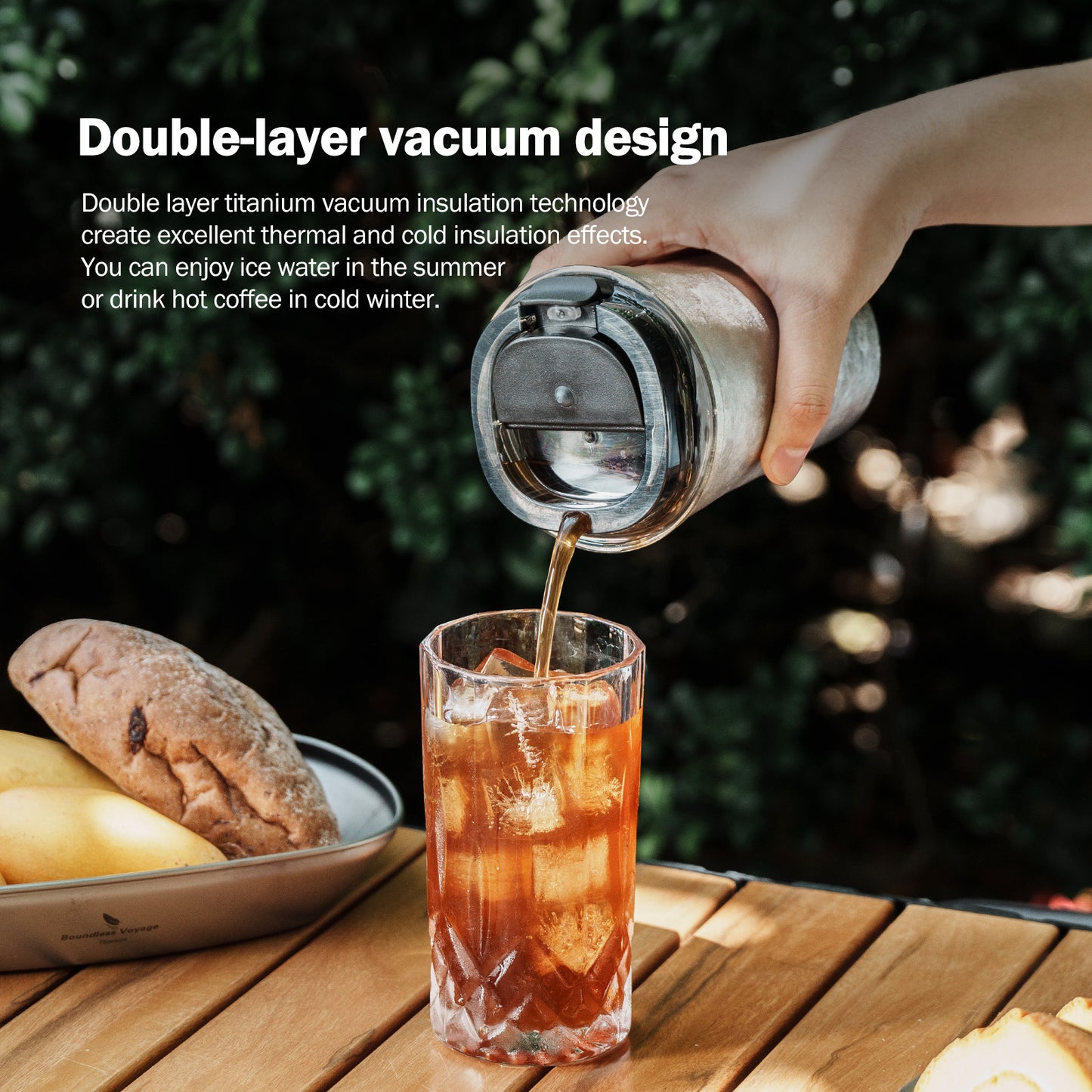 Boundless Voyage Titanium Thermos Bottle with Lid Double-Walled Insulated Water Mug 380ml