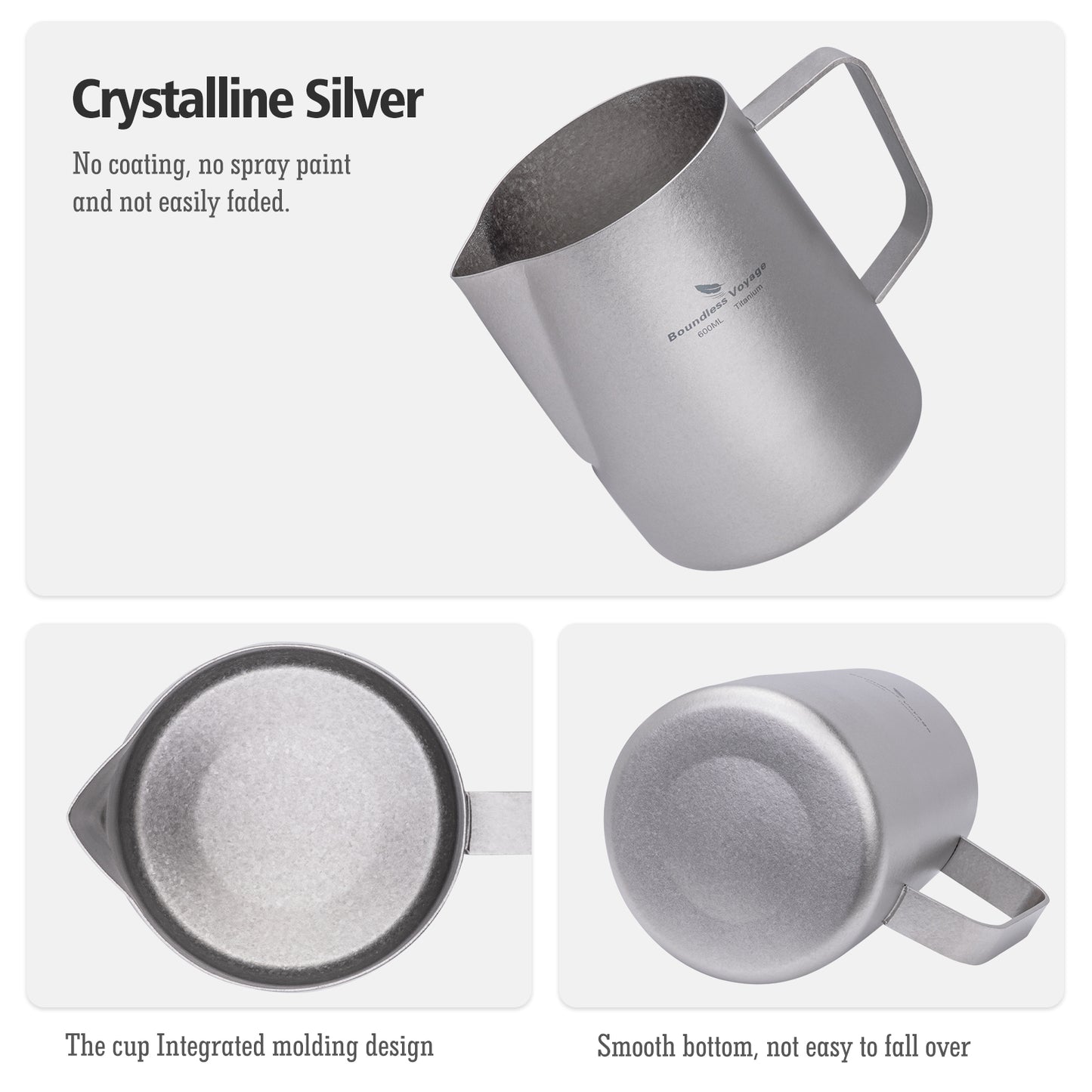 Boundless Voyage Titanium Espresso Steaming Pitcher Titanium Milk Frother Cup Barista Latte Art Round Spout Milk Jug Coffee Cup