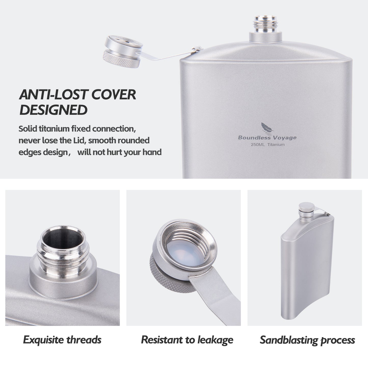 Boundless Voyage Titanium Flask 250ml with Cup & Funnel | Ultralight Pure Titanium Hip Flask for Camping Hiking Travel